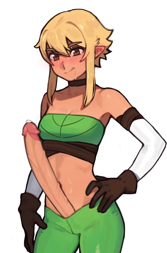 1futa bandeau bangs blonde_hair blush breasts brown_eyes brown_gloves choker clothed clothing cowboy_shot elf elfheim erection futa_only futanari gloves green_bandeau green_pants hair_between_eyes hand_on_hip huge_cock humanoid humanoid_penis licking_lips light-skinned_futanari light_skin looking_at_viewer mostly_clothed nil_sunna_(nilsunna) nilsunna original pants penis petite pointy_ears precum short_hair short_hair_with_long_locks simple_background small_breasts solo standing sunna_(nilsunna) teenager tongue tongue_out uncensored white_background