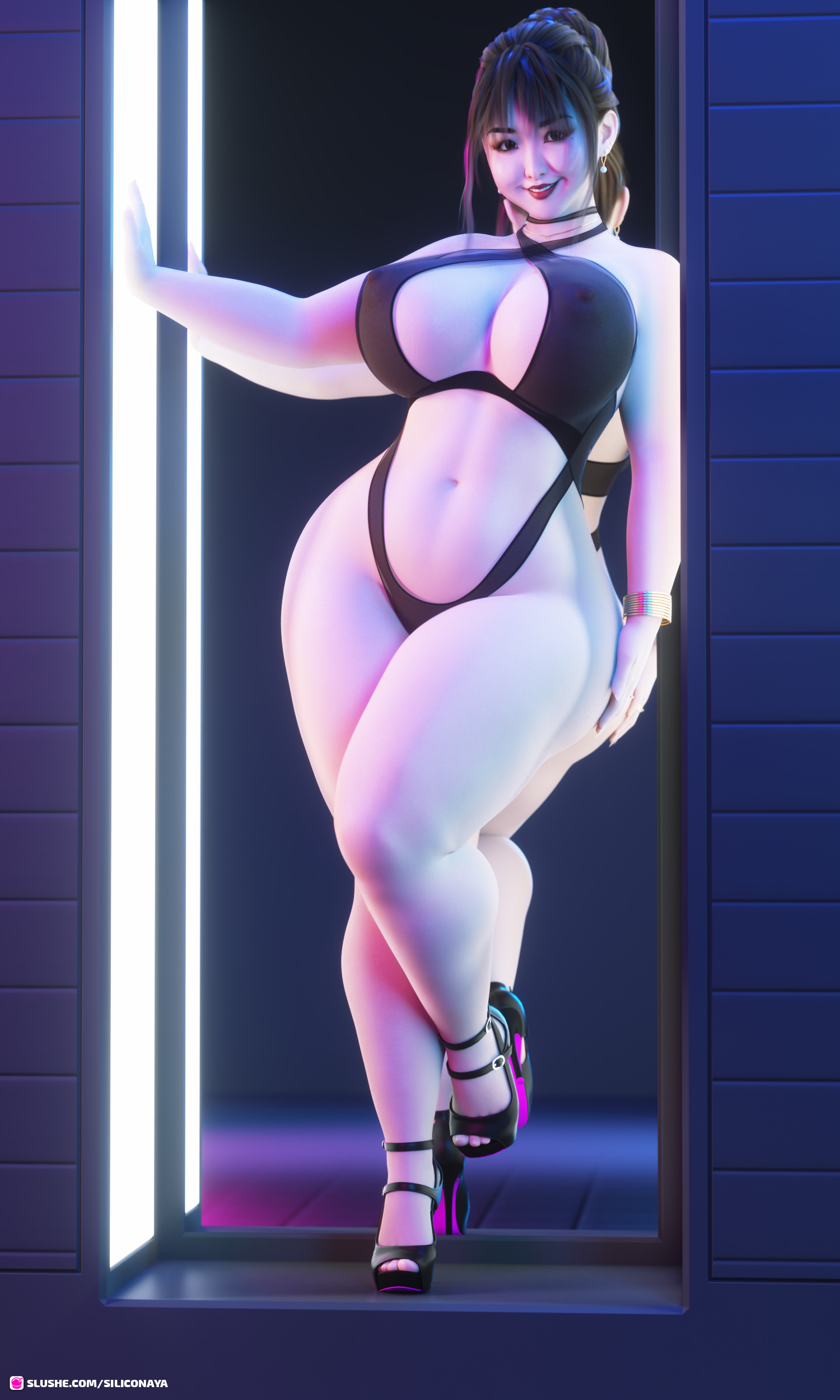 1girls, 3d, breasts, brown eyes, brown hair, chubby, cute, earrings, female, female only, high heels, huge breasts, jiji (siliconaya), lipstick, looking at viewer, mirror, necklace, nipples visible through clothing, one-piece swimsuit, original, pinup, plump, red lipstick, reflection, siliconaya, slushe (website), smile, solo, standing, wide hips