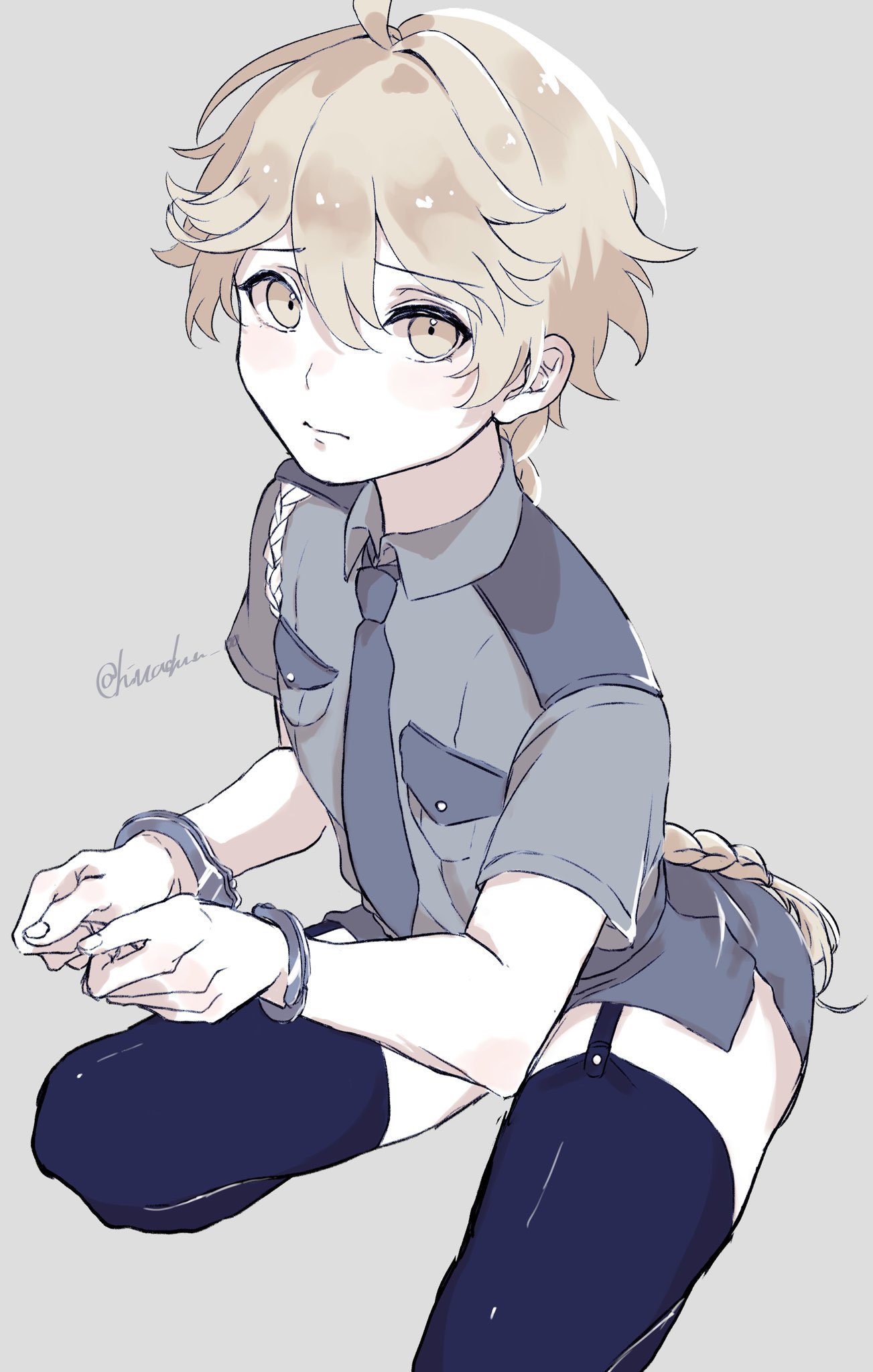 1boy, aether (genshin impact), androgynous, blonde hair, blush, bondage, crossdressing, cute male, embarrassed, femboy, genshin impact, handcuffs, hinachun, humiliation, male, male only, thighhighs, thighs, trap, yellow eyes