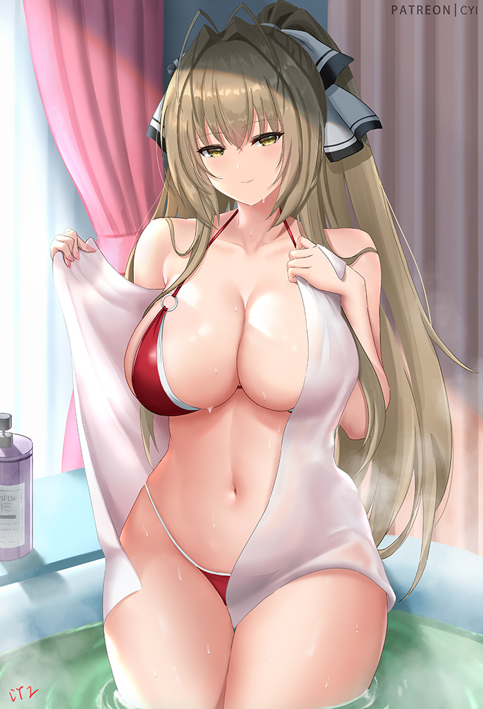 1girls, 2021, amagi brilliant park, antenna hair, bangs, bare shoulders, bikini, blush, breasts, brown eyes, brown hair, cleavage, collarbone, cyicheng, female, female focus, female only, large breasts, long hair, looking at viewer, navel, ponytail, red bikini, sento isuzu, smile, solo, solo female, sweat, swimsuit, thighs