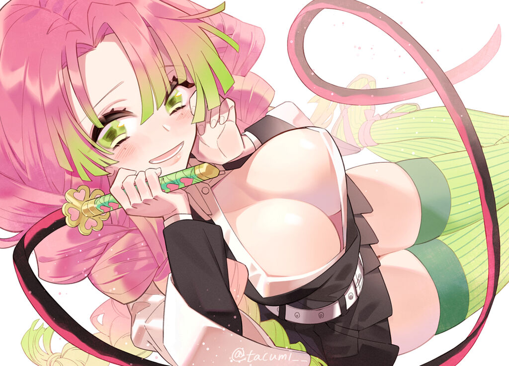 1girls, bangs, big breasts, blush, braided hair, breasts, cleavage, demon slayer, female, female only, green eyes, haori, high-angle view, huge breasts, kanroji mitsuri, kimetsu no yaiba, long hair, long sleeves, looking at viewer, mole under eye, nipple bulge, no bra, open shirt, pink hair, pink-haired female, pleated skirt, revealing clothes, smile, solo, sword, tacumi, thighhighs, two-tone hair, uniform, white background, zettai ryouiki