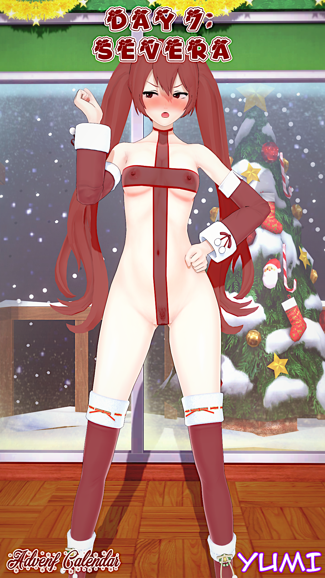 1girls, alternate costume, angry, breasts, christmas, christmas outfit, covered navel, embarrassed, female, female only, female pubic hair, femsub, fire emblem, fire emblem awakening, functionally nude, humiliation, long hair, navel, nintendo, nipples, open mouth, pubic hair, pussy, red eyes, red hair, revealing clothes, see-through, severa (fire emblem), small breasts, solo, twintails, yumi (artist)