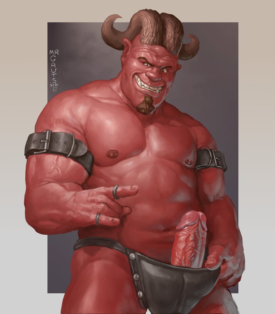 chubby_male demon demon_humanoid genitals horn humanoid humanoid_genitalia humanoid_penis male mrgruts penis smile solo solo_focus