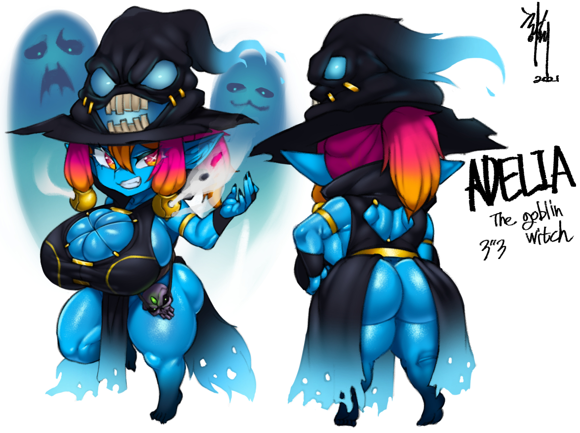 1girls, adelia (changbae), ass, big ass, big breasts, big butt, breasts, changbae, fat ass, female, goblin, goblin female, hat, large ass, large breasts, long hair, original, shortstack, smaller female, text, thick thighs, thighs, tight clothing, two-tone hair, witch hat