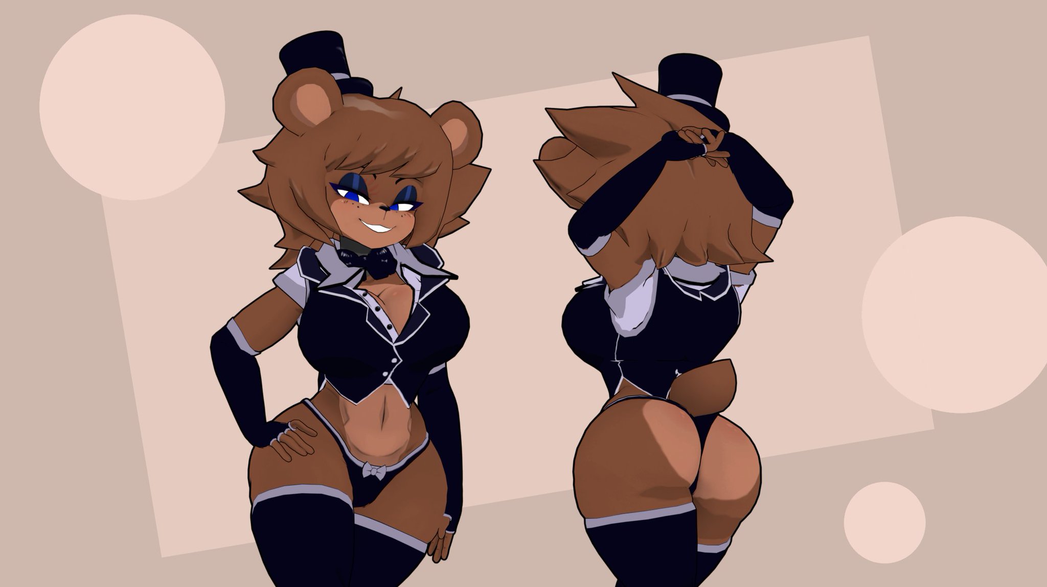 3d, anthro, armpits, armwear, ass, back view, big breasts, black legwear, black panties, breasts, brown body, brown hair, cally3d, clazzey, cryptiacurves, fazclaire's nightclub, female, five nights at freddy's, fnaf, freddy (fnaf), fredina (cally3d), fredina's nightclub, frenni (cryptia), frenni fazclaire, hands behind back, hat, lipstick, long hair, purple eyes, scottgames, solo, tagme