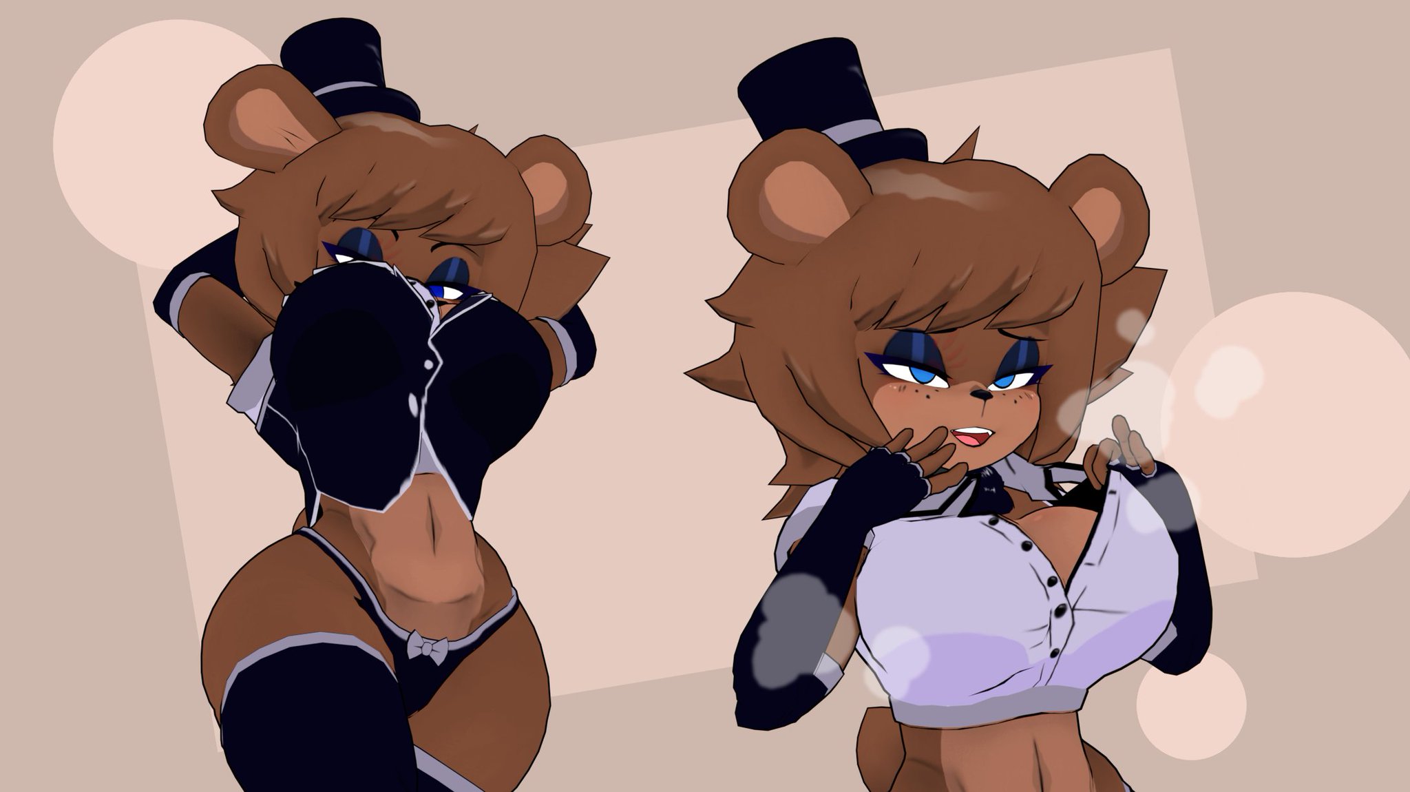3d, anthro, armpits, armwear, bear ears, big breasts, black legwear, black panties, blue eyes, breasts, brown body, brown hair, cally3d, clazzey, cryptiacurves, fazclaire's nightclub, female, five nights at freddy's, fnaf, freddy (fnaf), fredina (cally3d), fredina's nightclub, frenni (cryptia), frenni fazclaire, hands behind head, hat, lipstick, scottgames, solo, tagme