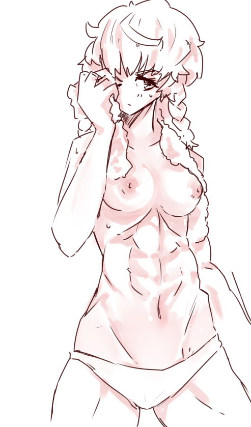 abs amane_suzuha braided_hair colored_sketch jonyeld looking_away medium_breasts messy_hair muscular muscular_female navel nipples one_eye_closed panties standing steins;gate sweat topless topless_female towel towel_around_neck towel_on_shoulder