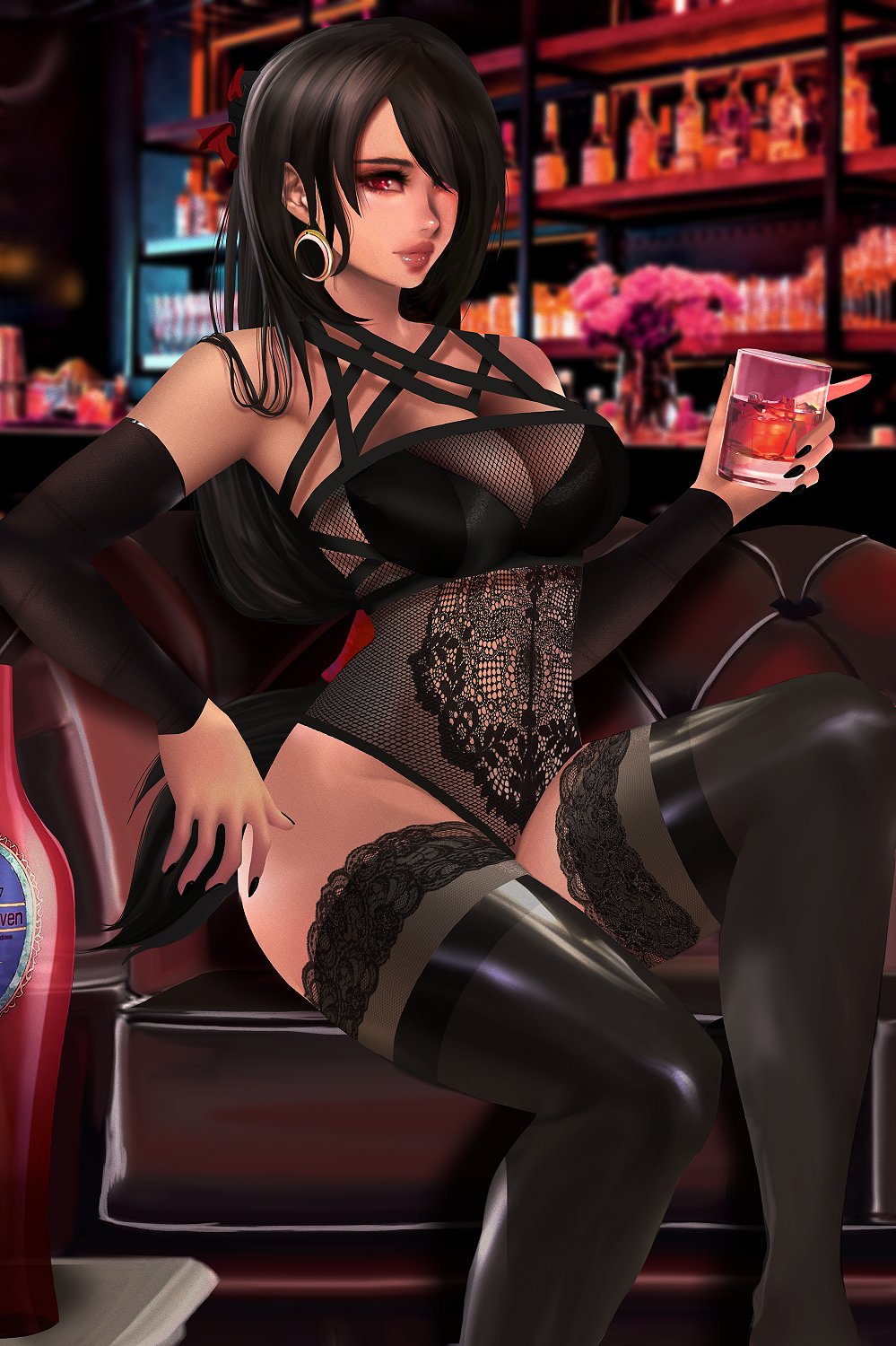 1girls 2022 black_hair drinking_glass earrings elegant female female_only final_fantasy final_fantasy_vii final_fantasy_vii_remake fishnets hair_over_one_eye hi_res kittymiya long_hair looking_at_viewer red_eyes sitting sitting_on_couch solo square_enix stockings tied_hair tifa_lockhart