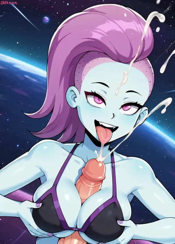 1boy 1girls ai_generated ash_graven big_breasts bike_shorts bikini boobsjob breasts cum cum_explosion ejaculation final_space male/female paizuri penis_in_breasts pixai smile space tagme tongue_out