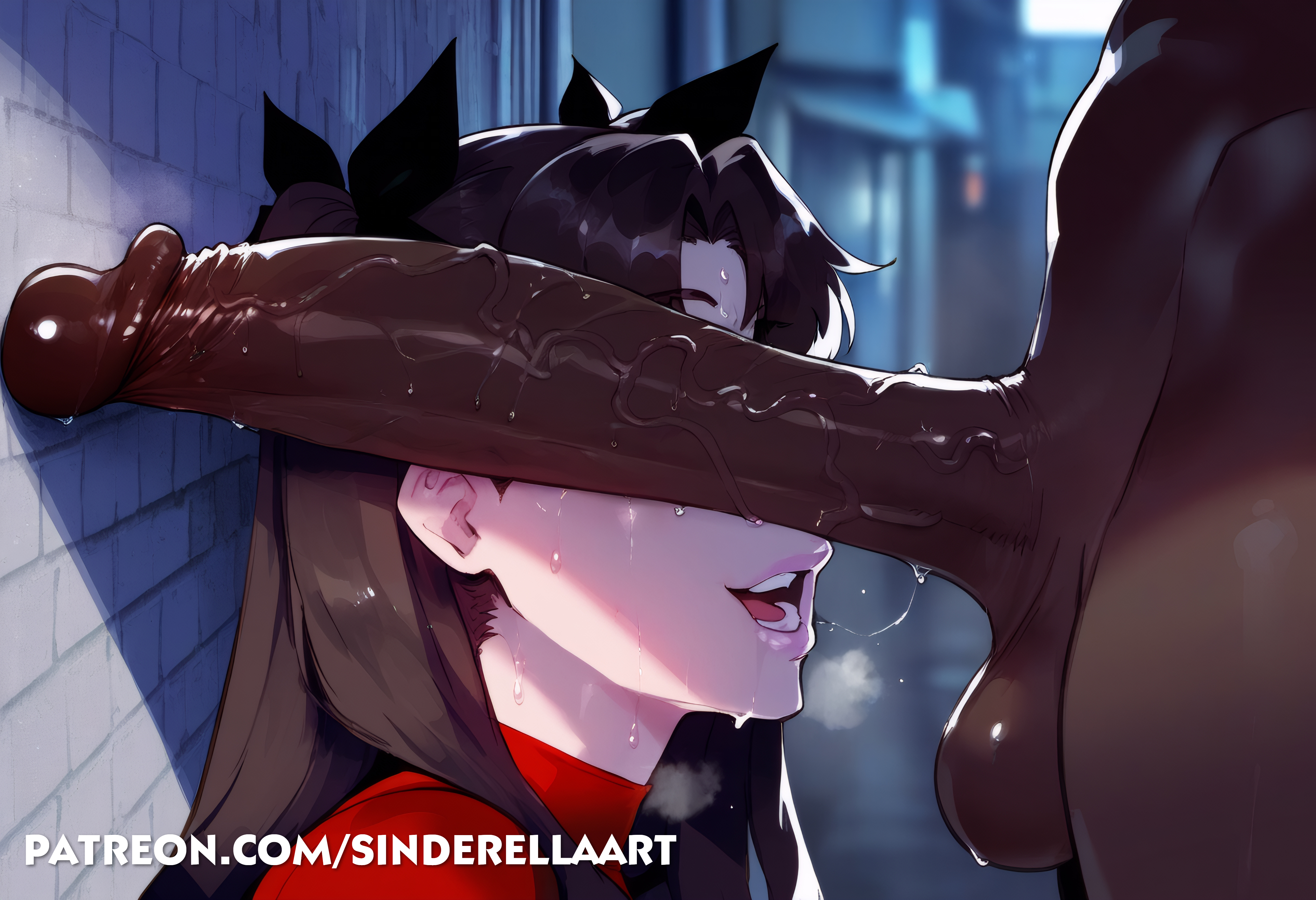 1boy, 1girls, ai generated, big breasts, breasts, cant see the haters, cock, dark skin, dark-skinned male, fate (series), fate/stay night, female, interracial, kneeling, large breasts, large cock, large penis, light skin, light-skinned female, male, open mouth, penis, penis covering eyes, penis over eyes, sinderellaart, straight, thick, tohsaka rin