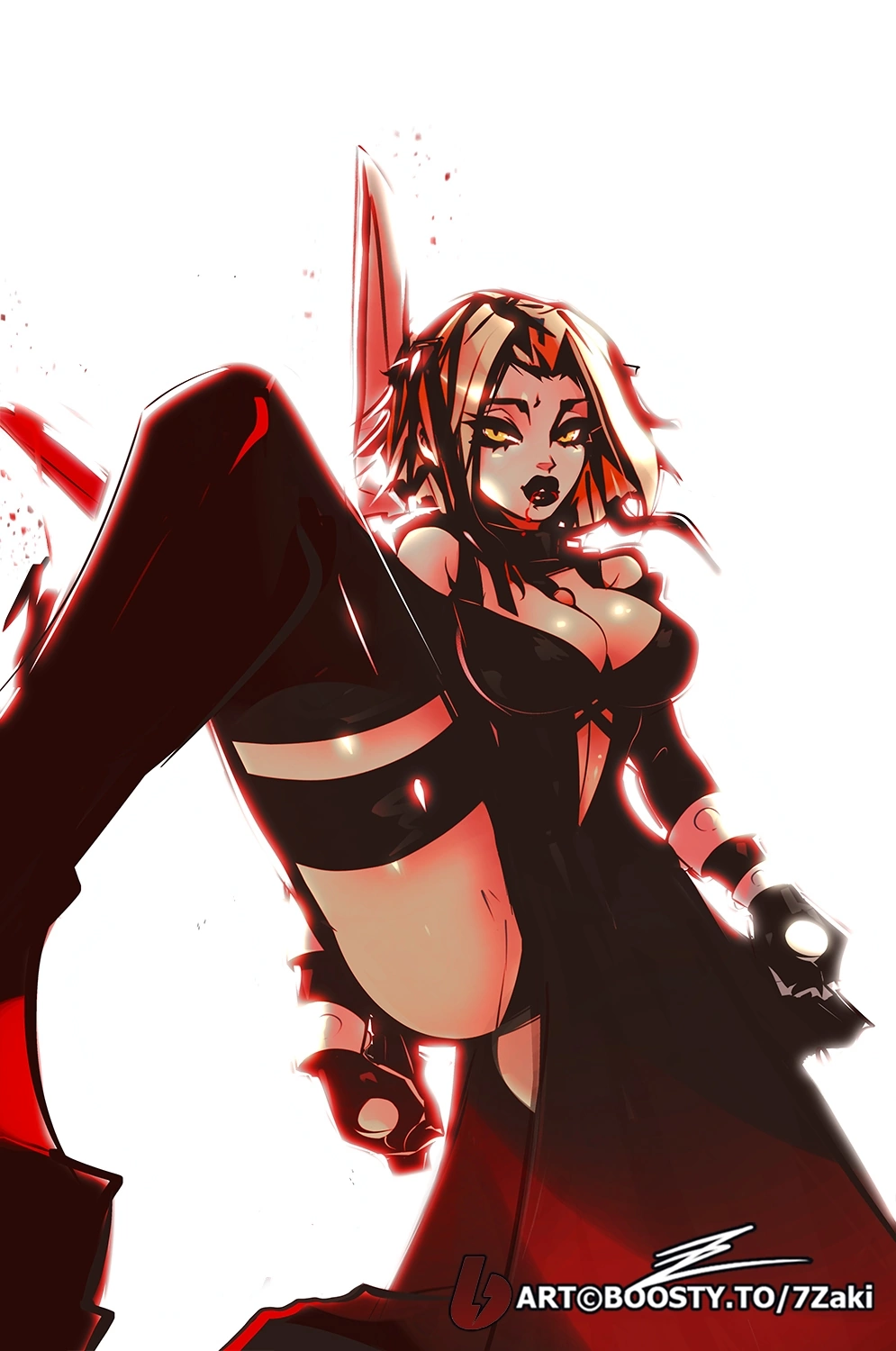 1girls 7zaki big_breasts black_dress black_panties black_thong bloodrayne clothed dhampir dress elbow_gloves female female_only looking_at_viewer rayne red_hair redhead short_hair solo stockings thong vampire