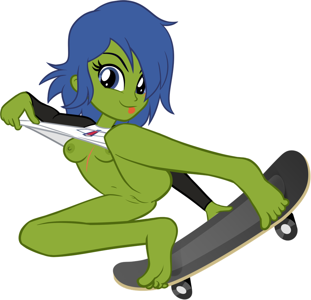 ass blue_eyes blue_hair breasts earth_pony_colds equestria_girls feet green_skin half_naked human oc rally_flag_(oc) rule_63 scar shirt_only skateboard skating tongue_out vagina