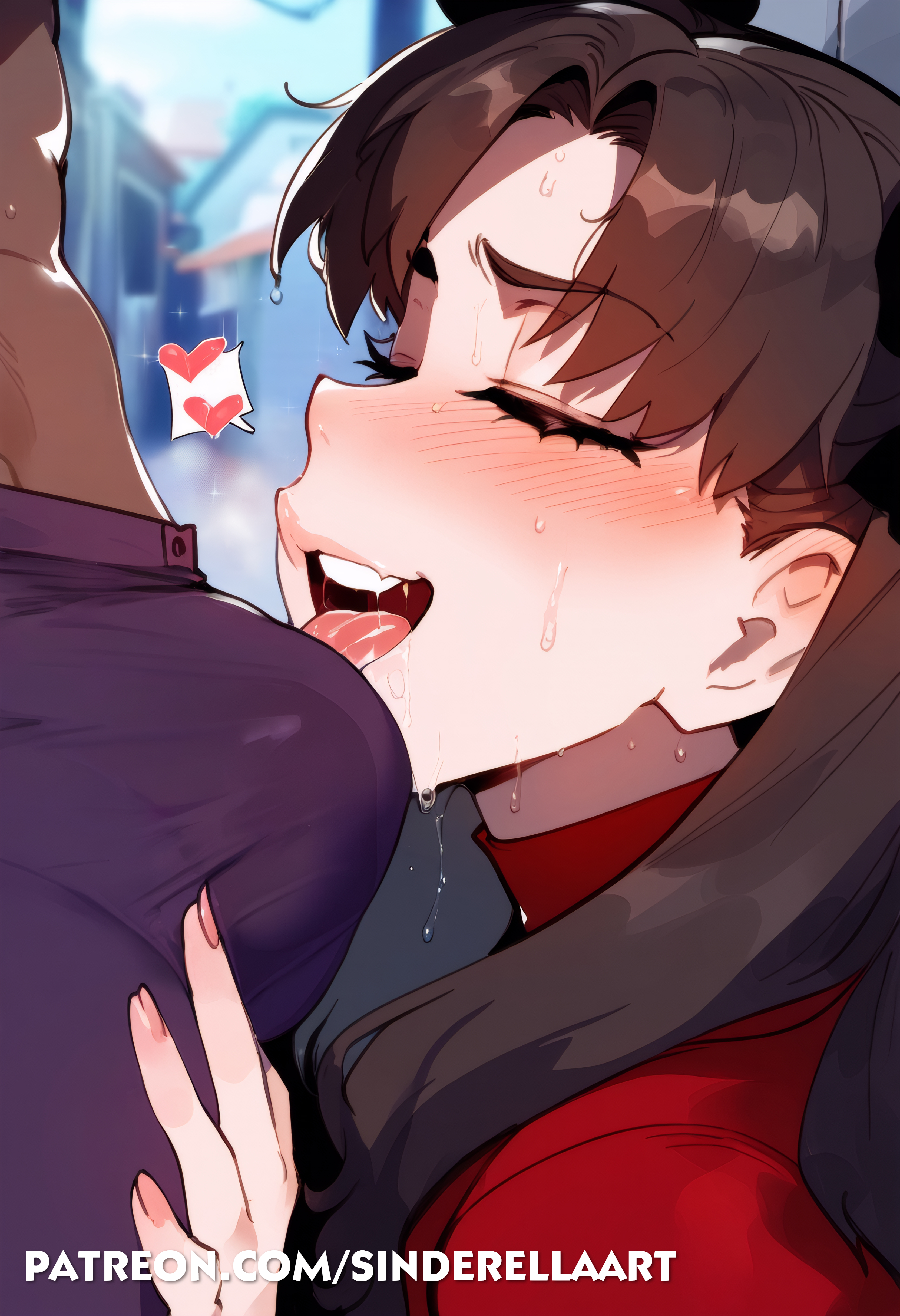 1boy, 1girls, ai generated, big breasts, breasts, bulge, bulge through clothing, dark skin, dark-skinned male, fate (series), fate/stay night, female, interracial, large breasts, light skin, light-skinned female, male, sinderellaart, spoken heart, straight, thick, tohsaka rin