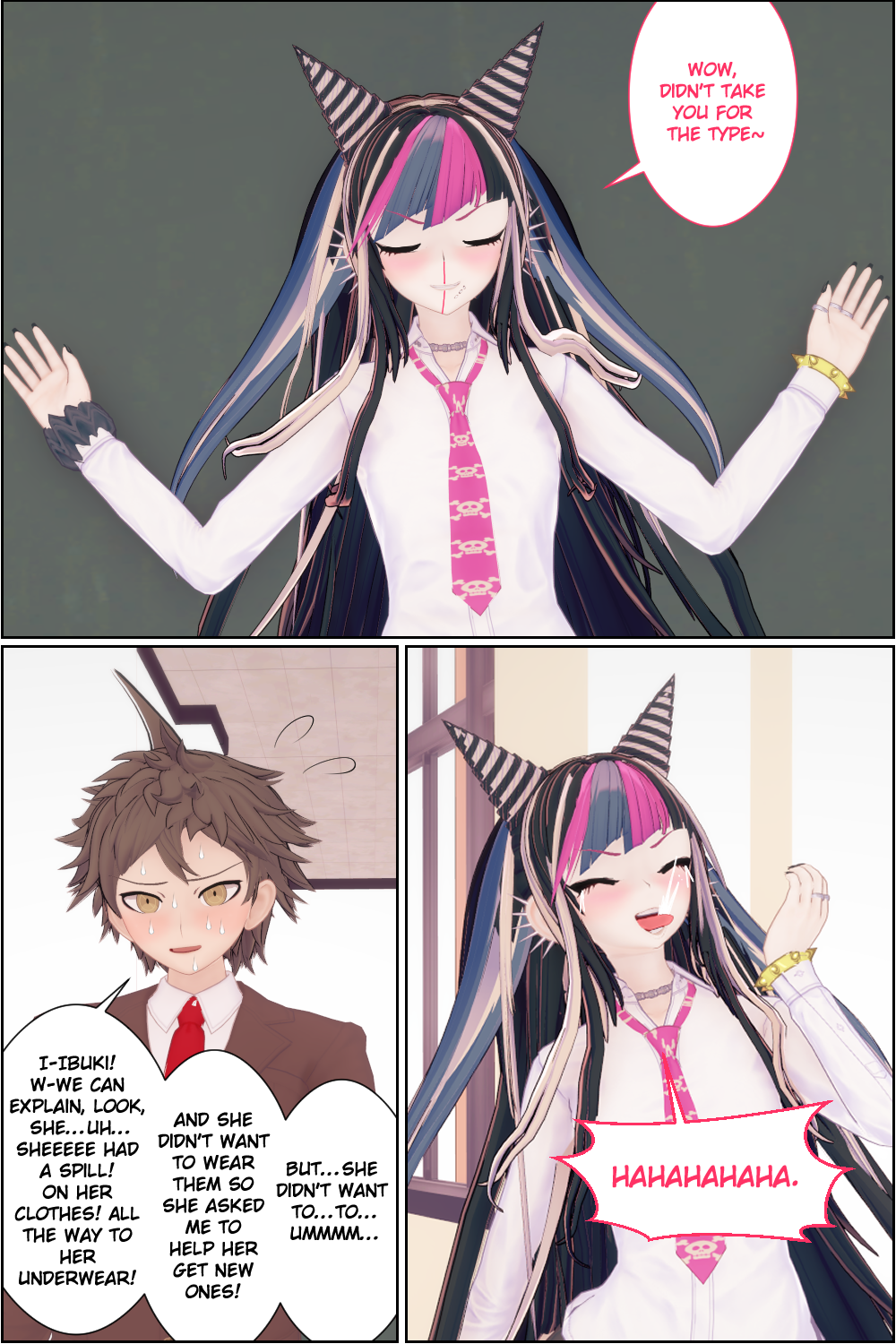 3d danganronpa danganronpa_2:_goodbye_despair dare enf exhibitionism exhibitionist hinata_hajime laugh laughing mioda_ibuki multicolored_hair nose_bleed oni_horns piercing piercings school scrunchie streaking tie