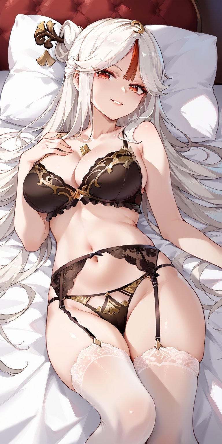 1girls 2d 2d_(artwork) ai ai_generated alternate_costume artist_request bed bedroom belly_button big_breasts blush bra female female_focus female_only front_view genshin_impact hourglass_figure light-skinned_female light_skin lingerie lingerie_only long_hair looking_at_viewer lying lying_on_bed mature mature_female navel ningguang_(genshin_impact) pillow slim_girl smiling smiling_at_viewer solo solo_female solo_focus thighhighs thong white_hair