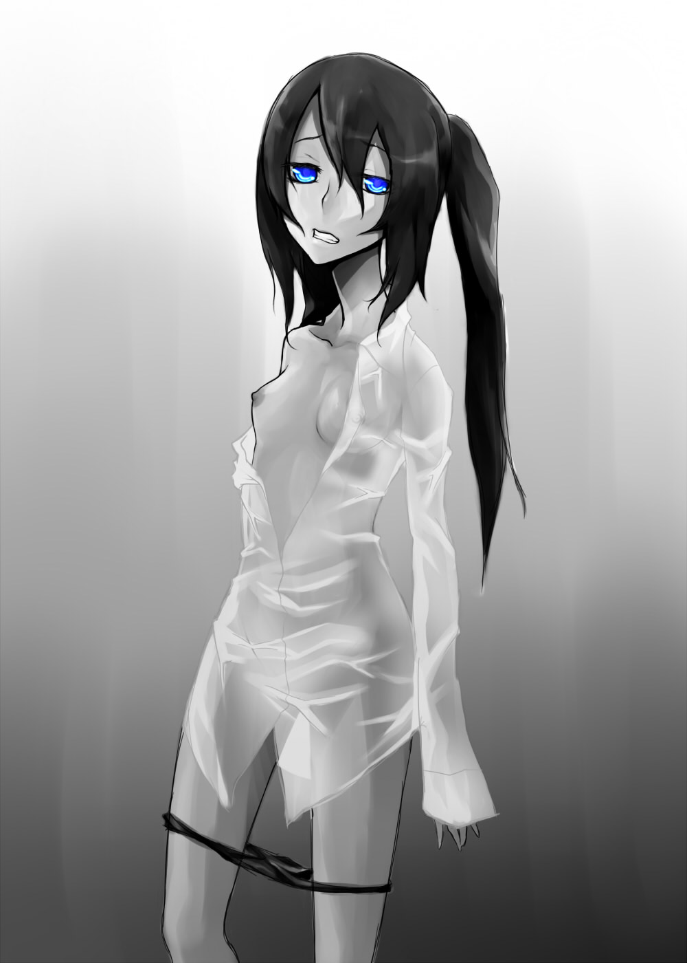 black_rock_shooter black_rock_shooter_(character) blue_eyes clothes color female female_only flat_chest front_view hair highres long_hair looking_at_viewer nipples open_clothes open_eyes panties see-through solo spot_color tied_hair tkhs twintails underwear