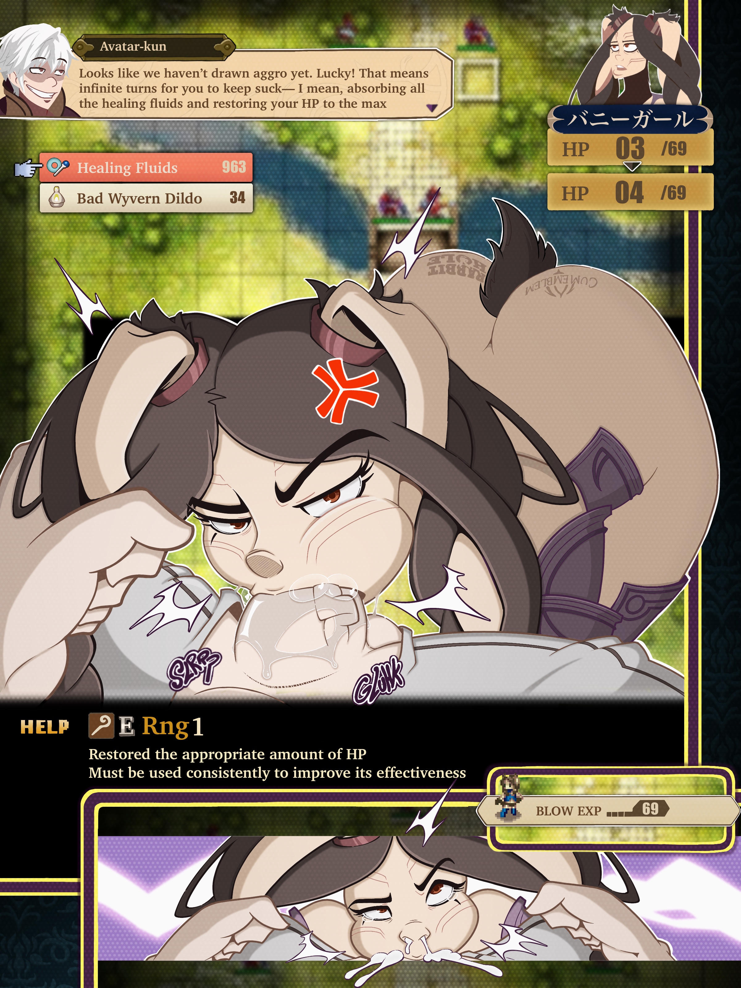 2koma, angry fellatio, ass tattoo, bunny ears, bunny girl, comic, cum in mouth, cum inside, fellatio, female, fire emblem, fire emblem awakening, gameplay mechanics, male, midasartistcat, midasthecat, nintendo, oral, panne (fire emblem), robin (fire emblem), robin (fire emblem) (male), taguel, tattoo