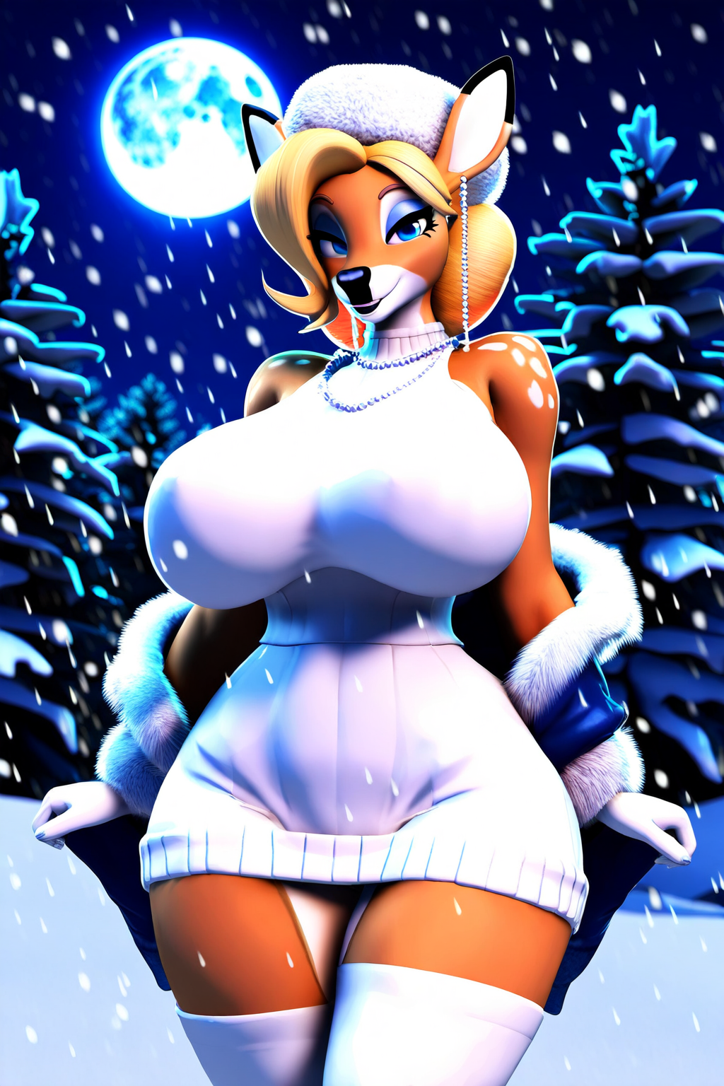 3d ai_generated anthro blonde_hair blue_eyes breasts_bigger_than_head cervid cervine deer dress exposed_shoulders eye_contact eyeshadow furry_female furry_only giant_breasts gloves hourglass looking_at_viewer majorfluffy mature_female novelai pearl_necklace snow sweater sweater_dress thick_thighs thigh_highs wide_hips