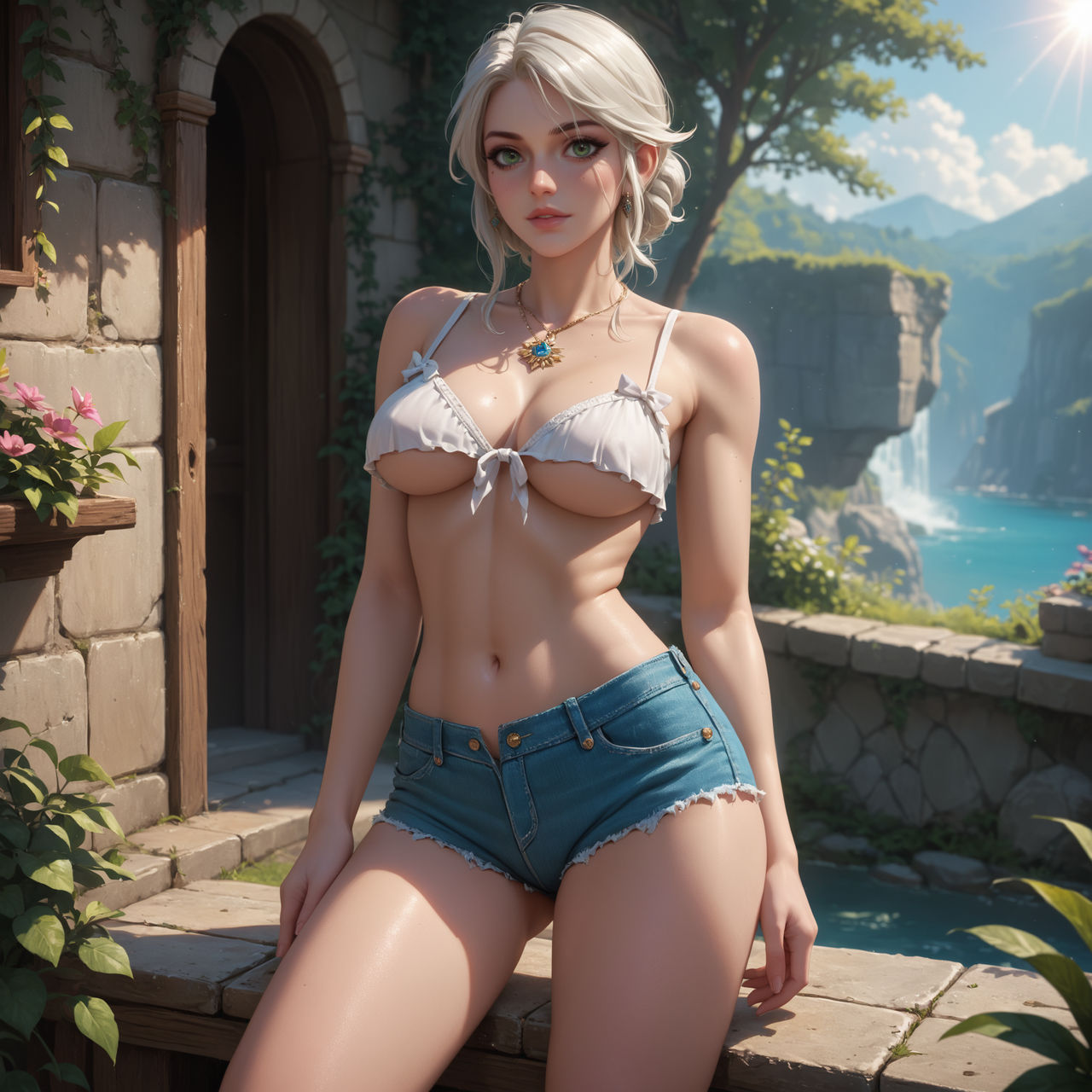 ai_generated aixl breasts ciri clothing female green_eyes light-skinned_female looking_at_viewer navel solo the_witcher_(series) the_witcher_3:_wild_hunt white_hair