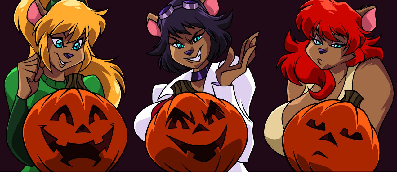 abigail_ursinare anya_uribe bear black_hair blonde_hair bored delilah_ursinare devious evil halloween happy jack_o_lanterns joy_ursinare luhyzi meh pumpkins red_hair sisters smile spooky stoic ursine