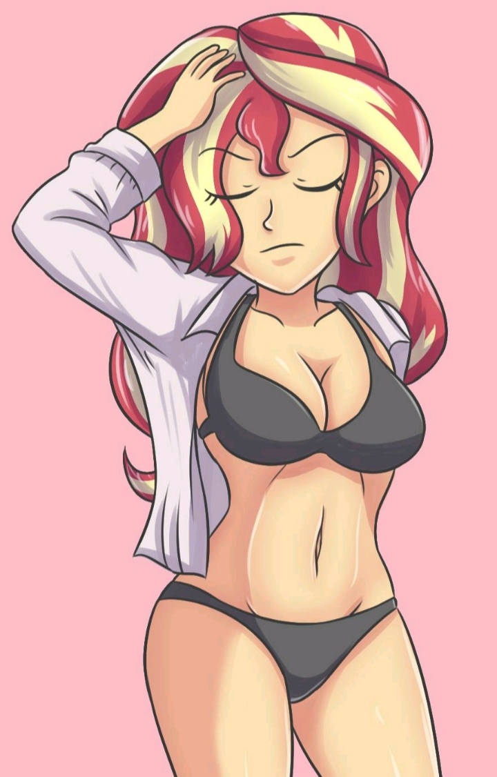 1girls 2024 angry_face bikini_under_clothes black_bikini cleavage closed_eyes curvy curvy_body curvy_female deviantart deviantart_link equestria_girls eyebrows_visible_through_hair eyelashes_visible_through_hair female_only hand_on_head hasbro long_hair long_sleeves my_little_pony open_clothes pink_background red_and_yellow_hair solo solo_female sumin6301 sunset_shimmer two_tone_hair white_clothing yellow_skin