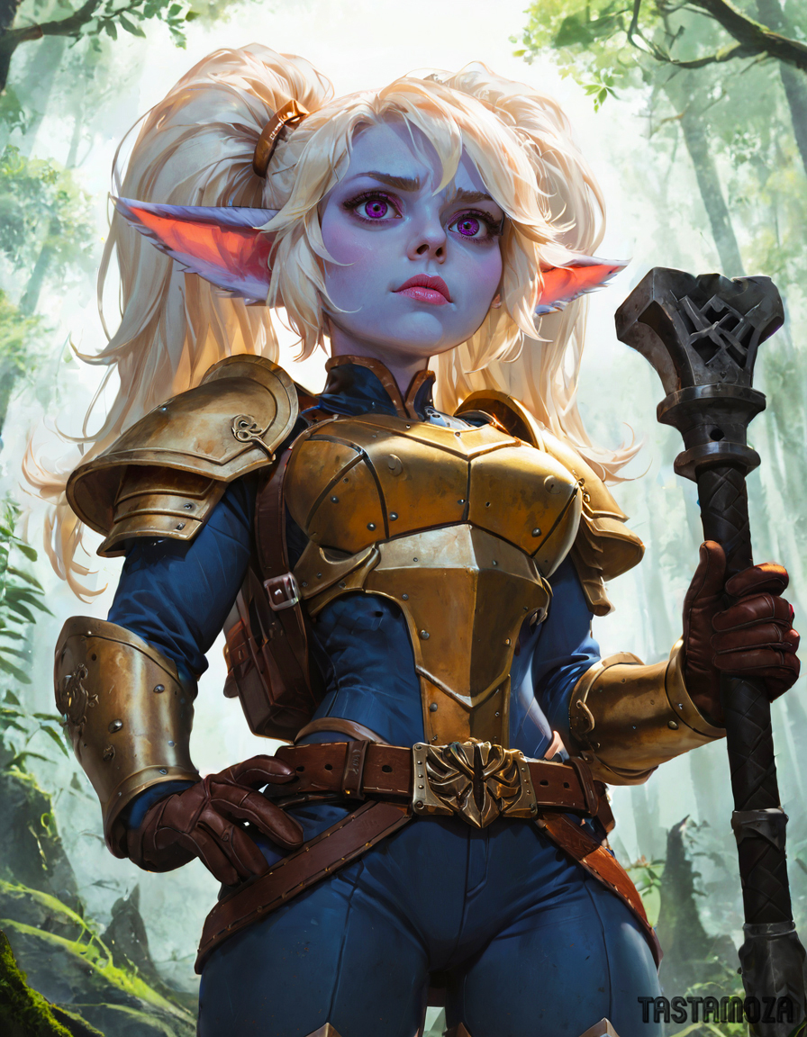 1girls ai_generated armor belt big_ears blonde_hair blue_clothing blue_skin breastplate brown_belt brown_gloves cream_hair forest gloves hammer hand_on_hip league_of_legends leather leather_belt leather_gloves ponytail poppy portrait purple-skinned_female purple_eyes purple_skin shoulder_armor solo standing tastamoza trees twintails upper_body wearing_condom white_hair yellow_armor yordle