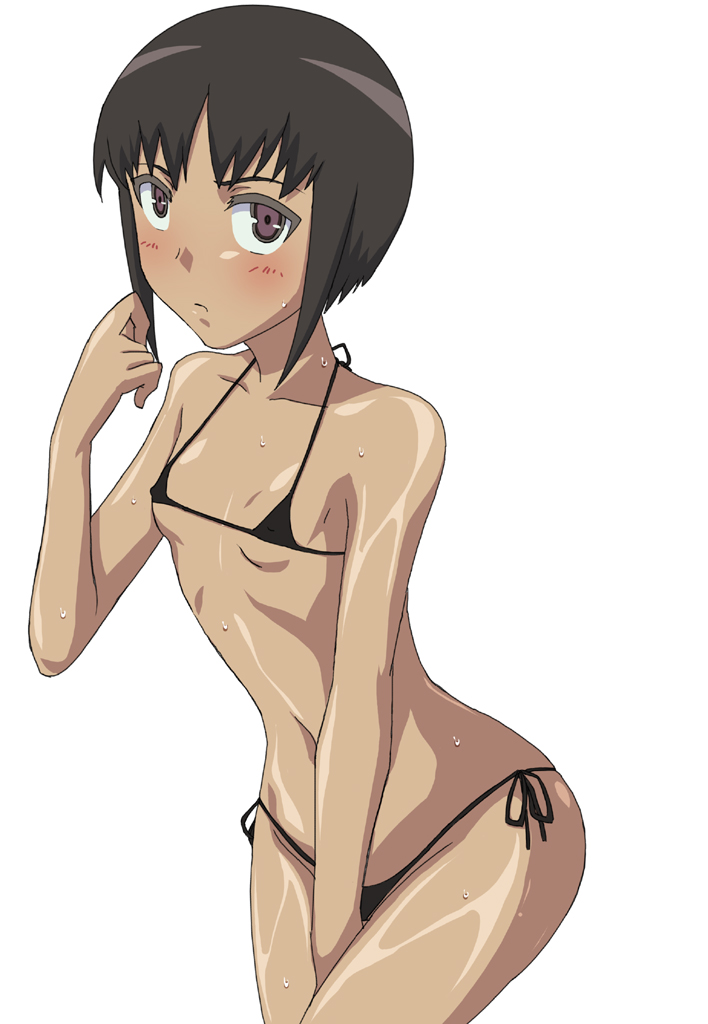 1girls ally_connolly bare_shoulders bikini black_bikini blush bob_cut brown_eyes brown_hair dark-skinned_female dark_skin element_hunters erect_nipples flat_chest ikumi_tan makino_tomoyasu micro_bikini short_hair shoulders side-tie_bikini simple_background solo sweat swimsuit