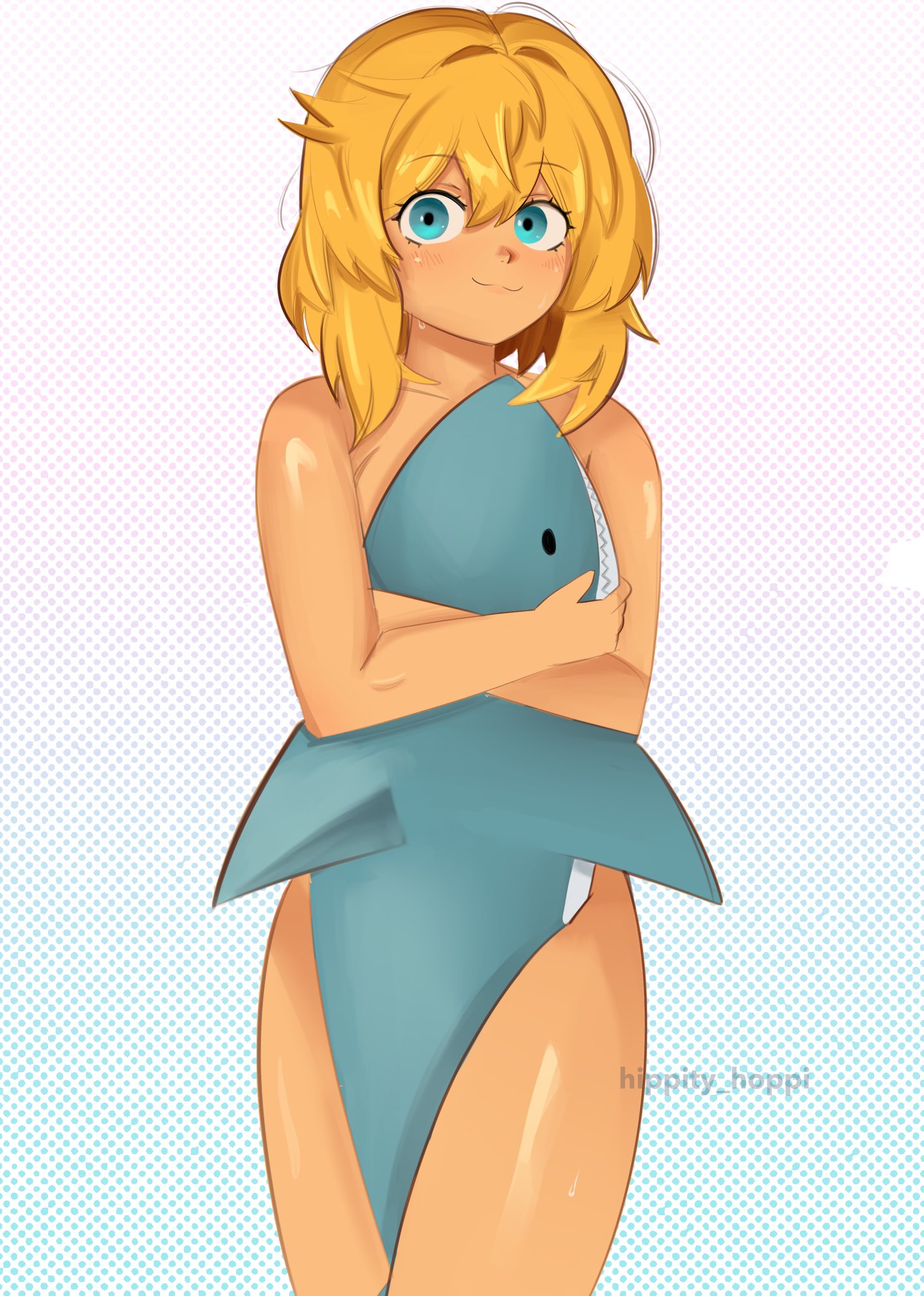 1boy, androgynous, artist request, blahaj, blonde hair, blue eyes, bridget, cute, femboy, girly, guilty gear, hippity hoppi, male, male focus, male only, nude, nude blahaj trend, tagme, teenager, trans, trans woman, transfem, trap, unknown artist signature