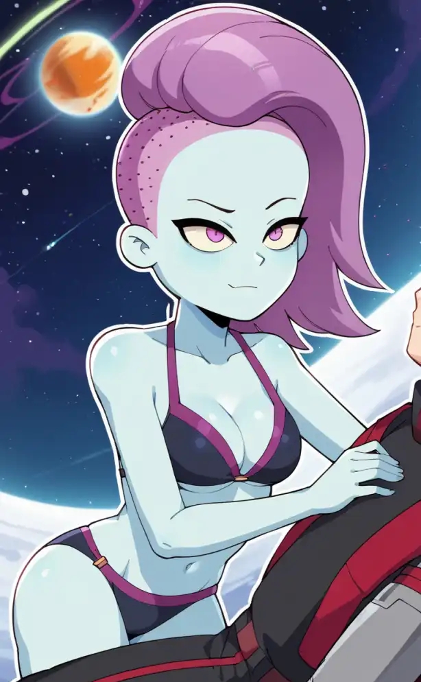 1boy 1girls ai_generated alien_girl ash_graven blue_skin final_space imminent_sex pixai purple_hair seductive_look seductive_smile space tagme underwear