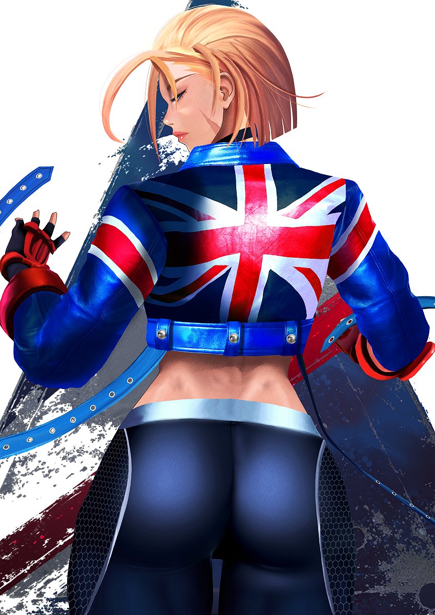 1girls 2023 ass blonde_hair cammy_white capcom choker closed_eyes clothing female female_only jacket kittymiya leggings rear_view scar scar_on_cheek solo street_fighter street_fighter_6 union_jack