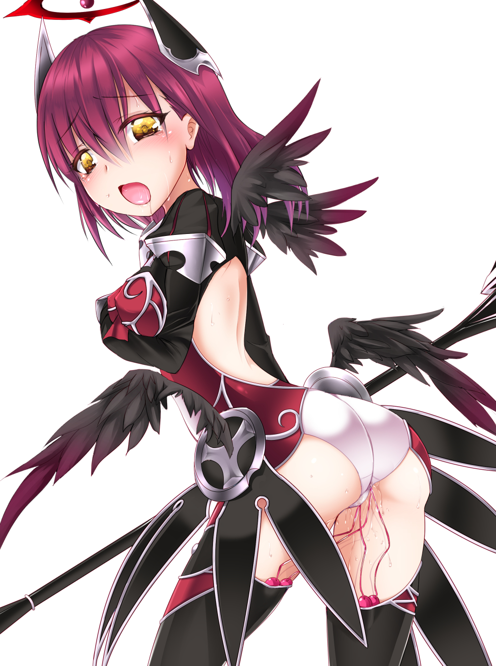 arched_back ass blush breasts emil_chronicle_online female headgear highres medium_breasts multi_wing open_mouth panties pussy_juice red_hair saliva shimo_(depthbomb) short_hair solo sweat underwear vibrator vibrator_under_panties white_background wings yellow_eyes