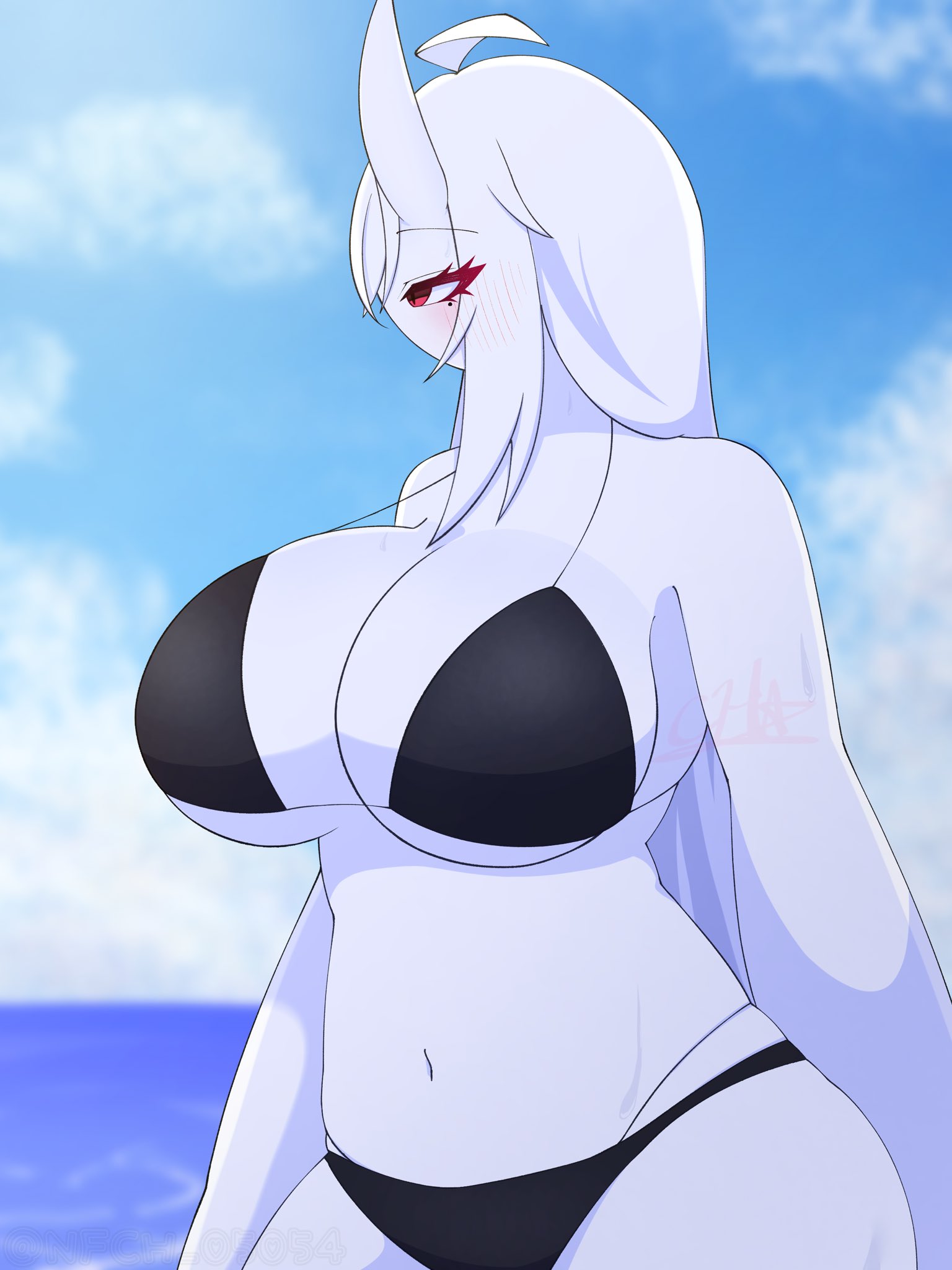big breasts, bikini, blush, breasts, female, haku (nfch 05054), horns, nfch 05054, original, white hair, white skin