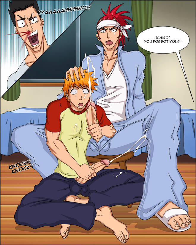 3boys barefoot bleach cum english_text feet gninrom ichigo_kurosaki isshin_kurosaki male male_only partially_clothed penis renji_abarai text yaoi