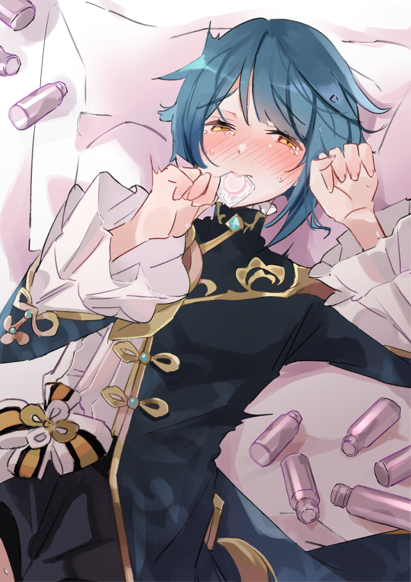 1boy 2022 bangs bed bedroom bedroom_eyes bedroom_setting bedsheets biting biting_condom blue_clothes blue_clothing blue_dress blue_hair blue_hair_male blush blush_lines blushing_at_viewer blushing_male blushing_profusely bottles clothed clothed_male condom condom_wrapper condom_wrapper_in_mouth crying_with_eyes_open deep_blush diamond diamond_(gem) dress frilled_shirt_collar frilled_sleeves frilly_cuffs genshin_impact girly girly_boy gold_jewelry gold_trim hi_res high_collar high_res holding_condom holding_condom_in_mouth imminent_sex looking_at_viewer lube lube_bottle lying lying_on_back lying_on_bed male_focus male_only october_(month) on_back on_bed on_pillow ornament ornaments pale-skinned pale-skinned_male pale_skin pale_skinned pale_skinned_male pillow pink_condom ribbon ribbons staring staring_at_viewer sweat sweatdrop sweating tears tears_in_eyes tears_of_joy white_bed white_bed_sheet white_pillow xingqiu_(genshin_impact) yellow_eyes yellow_eyes_male