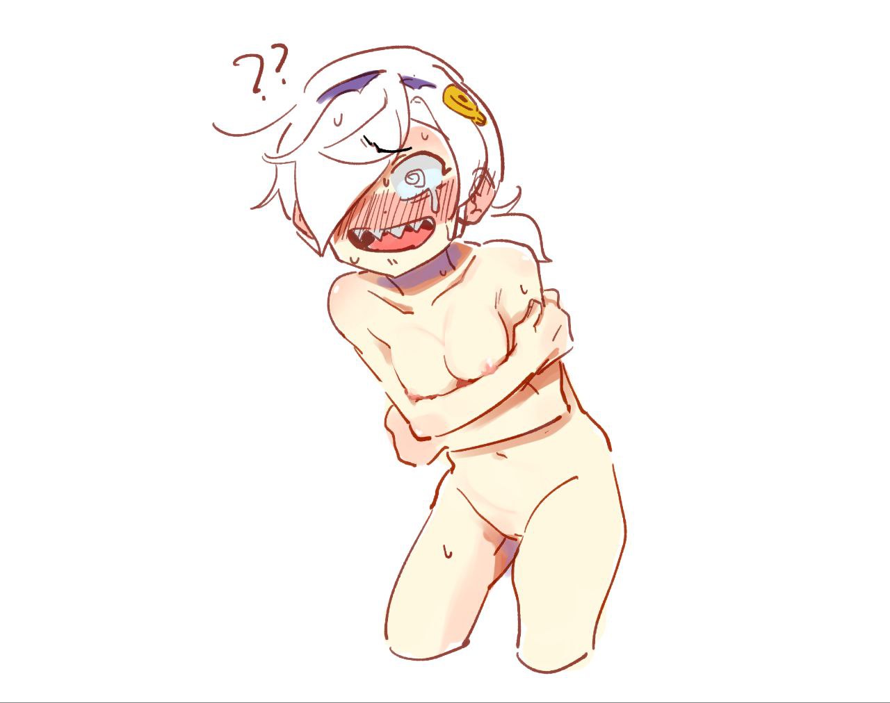 brawl stars, breasts, colette (brawl stars), completely nude, covering breasts, covering self, embarrassed, female, nude, pussy, small breasts