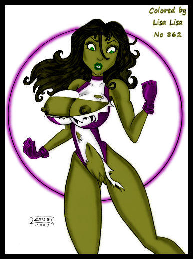 1girls 2009 avengers big_breasts breasts female female_only gloves green_eyes green_hair green_skin huge_breasts hulk_(series) large_breasts leotard lisa_lisa_(artist) marvel marvel_comics nipples pussy she-hulk solo torn_clothes zeus(artist)