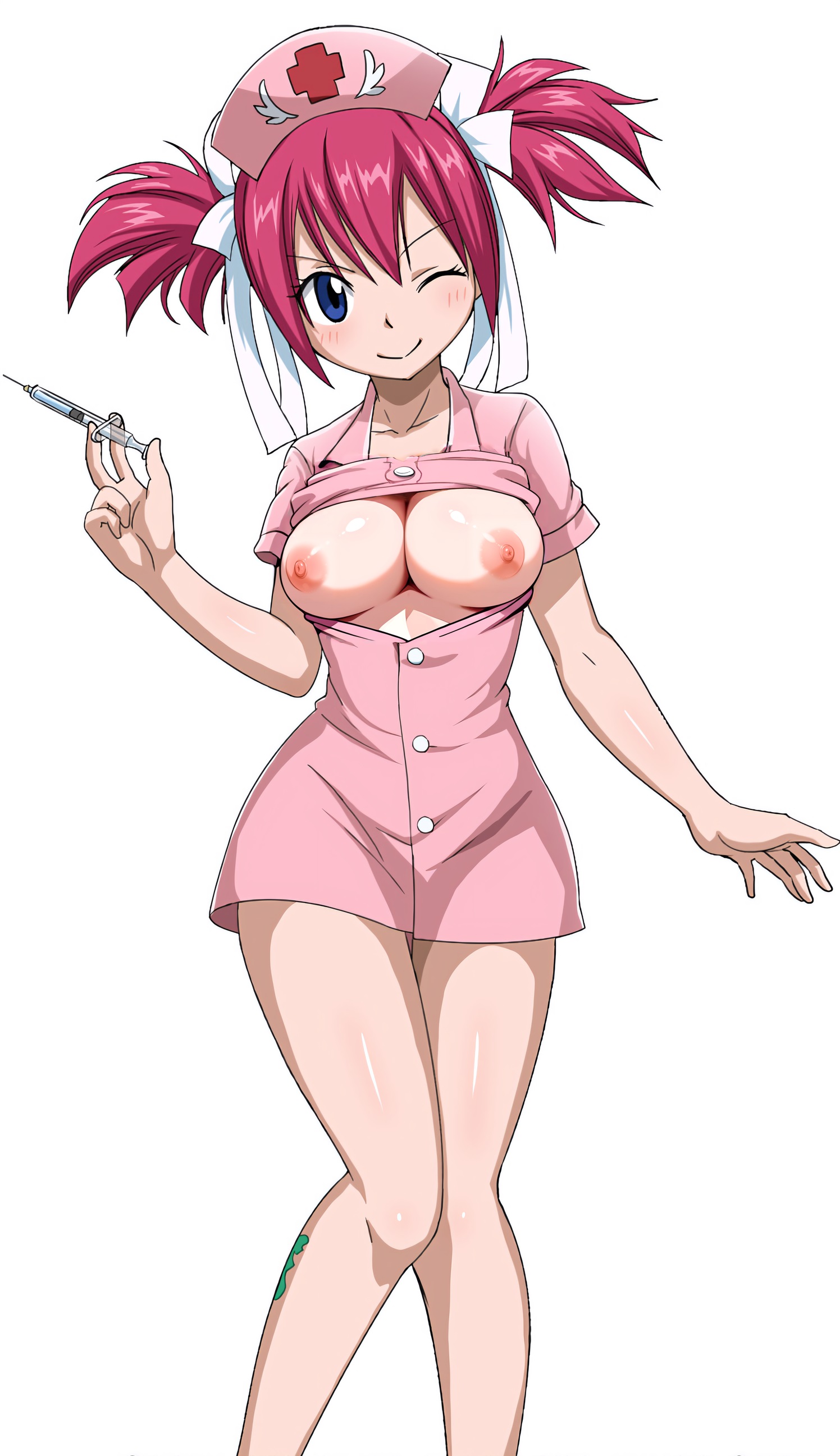 1girls, breasts, chelia blendy, collage, fairy tail, female, female only, green tattoo, lamia scale mark, large breasts, leg tattoo, nipples, nurse uniform, pink hair, pink-haired female, sherria blendy, solo, tattoo