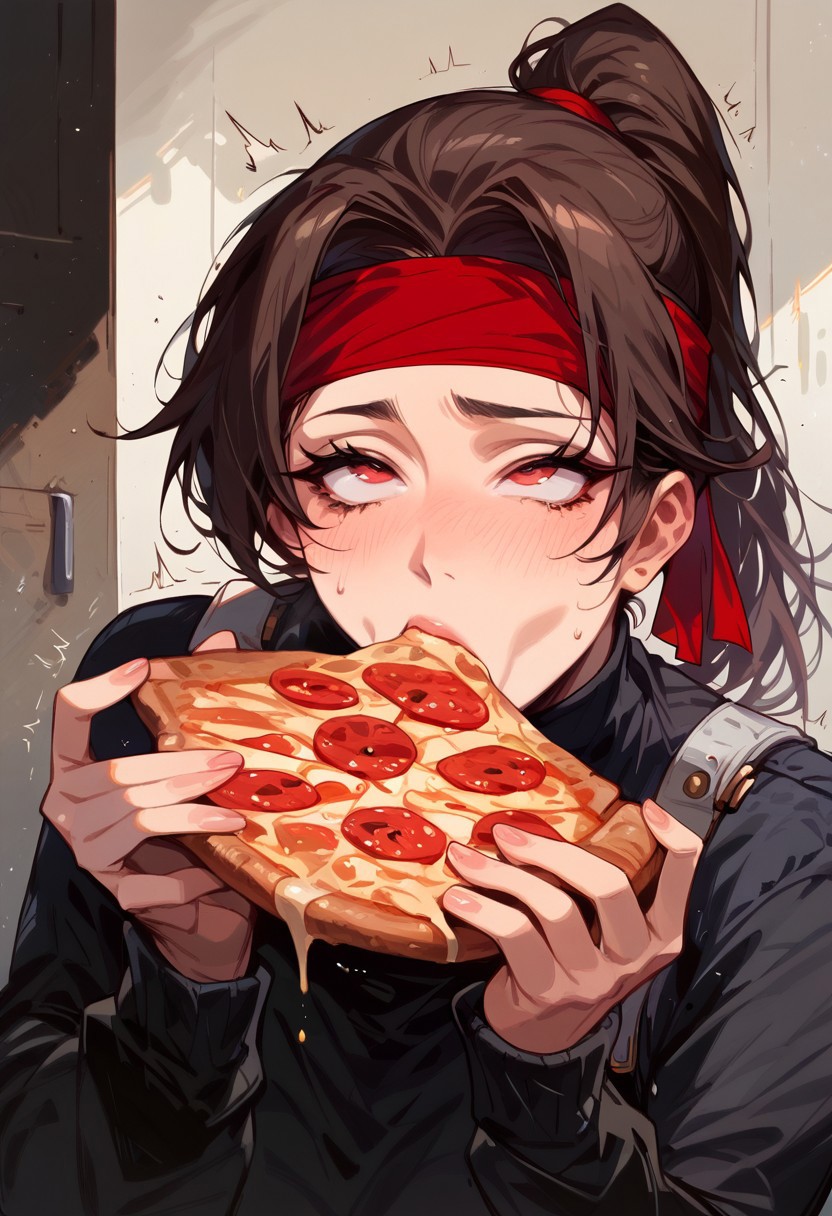 :>= ai_generated bangs blush brown_hair eating fellatio_face female female female final_fantasy_vii fingernails food food_fetish holding holding_food holding_pizza jessie_rasberry long_hair long_sleeves naughty_face parted_bangs pizza pizza_slice ponytail red_eyes red_headband solo sucking sweatdrop trembling ufobonito