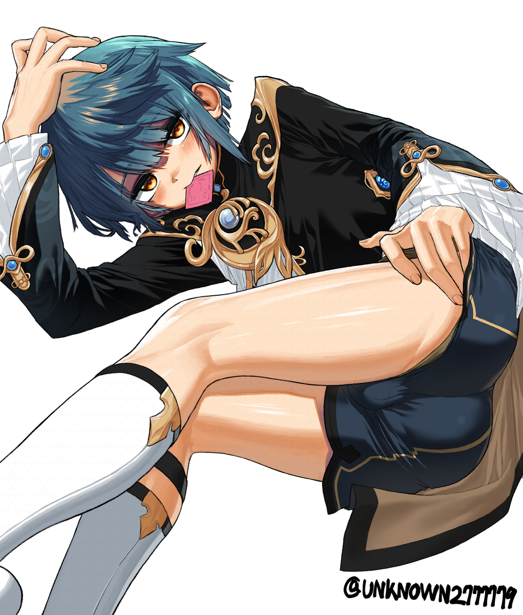 1boy bangs bare_legs bare_thighs biting biting_condom blue_clothes blue_clothing blue_dress blue_hair blue_hair_male blue_shorts blush blush_lines blushing_male bulge bulge_through_clothing clothed clothed_male condom condom_wrapper condom_wrapper_in_mouth dark_blue_hair diamond diamond_(gem) dress footwear frilled_shirt_collar frilled_sleeves frilly_cuffs genshin_impact girly girly_boy gold_jewelry gold_trim hand_on_head hand_on_own_head hi_res high_collar high_res holding_condom_in_mouth jeongchebulmyeongingan legwear lifting_own_clothes light_blush looking_at_viewer lying lying_sideways male_focus male_only ornament ornaments pale-skinned pale-skinned_male pale_skin pale_skinned pale_skinned_male pink_condom shorts shorts_bulge simple_background staring staring_at_viewer suggestive suggestive_pose tight_shorts white_background white_footwear white_legwear xingqiu_(genshin_impact) yellow_eyes yellow_eyes_male