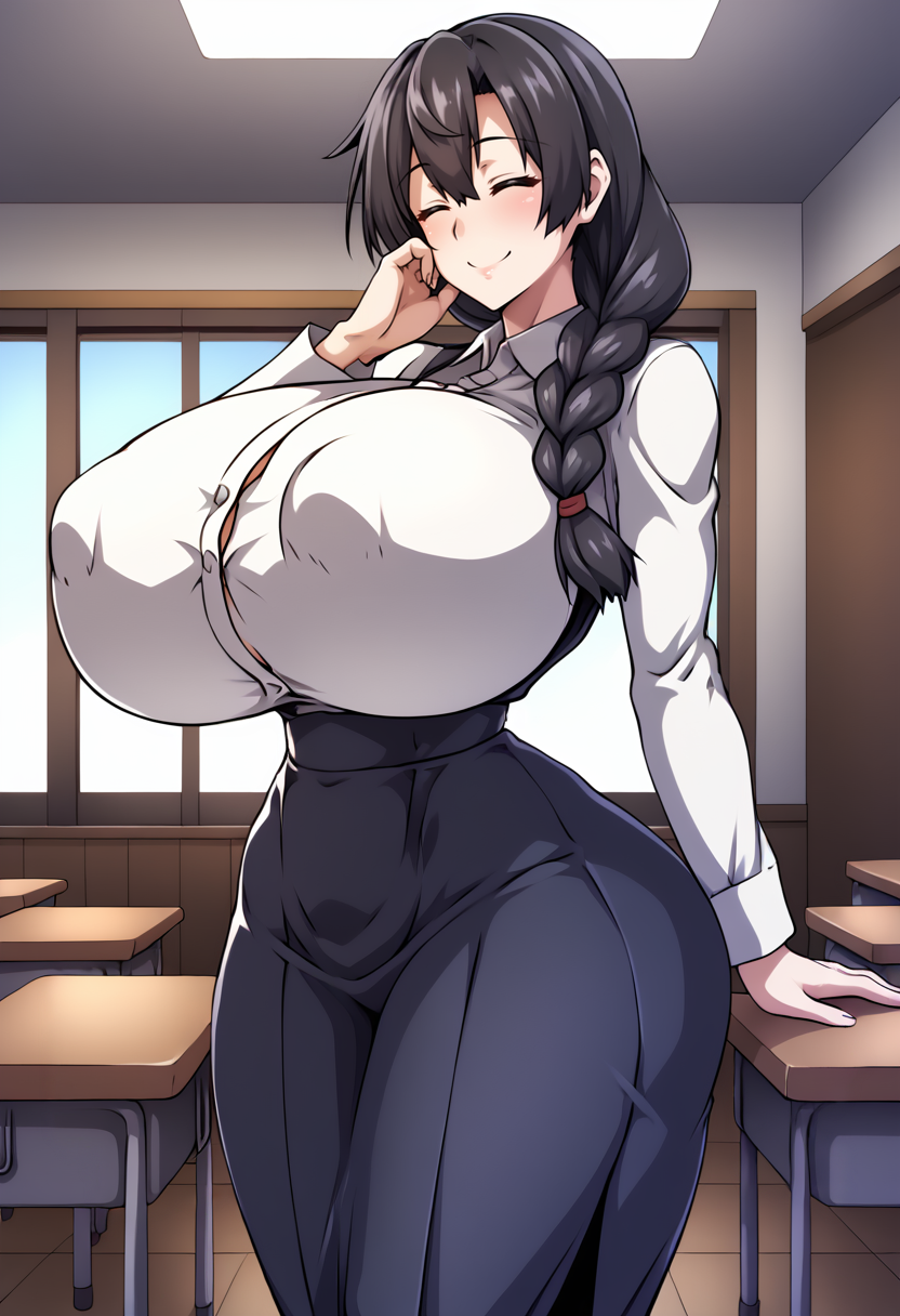 1girls ai_generated bangs black_hair blush braid breasts bursting_breasts classroom closed_eyes closed_mouth covered_nipples curvy desk female female_only gigantic_breasts h_earth_(style) hair_over_shoulder hand_on_own_cheek indoors long_hair mature_female milf narrow_waist original school_desk self_upload skirt smile solo solo_female teacher thick_thighs thighs white_shirt wide_hips