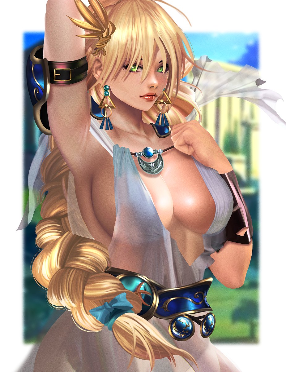 1girls 2022 arm_behind_head blonde_hair braid earrings female female_only green_eyes inner_sideboob kittymiya long_hair looking_at_viewer sideboob solo sophitia_alexandra soul_calibur three-quarter_portrait