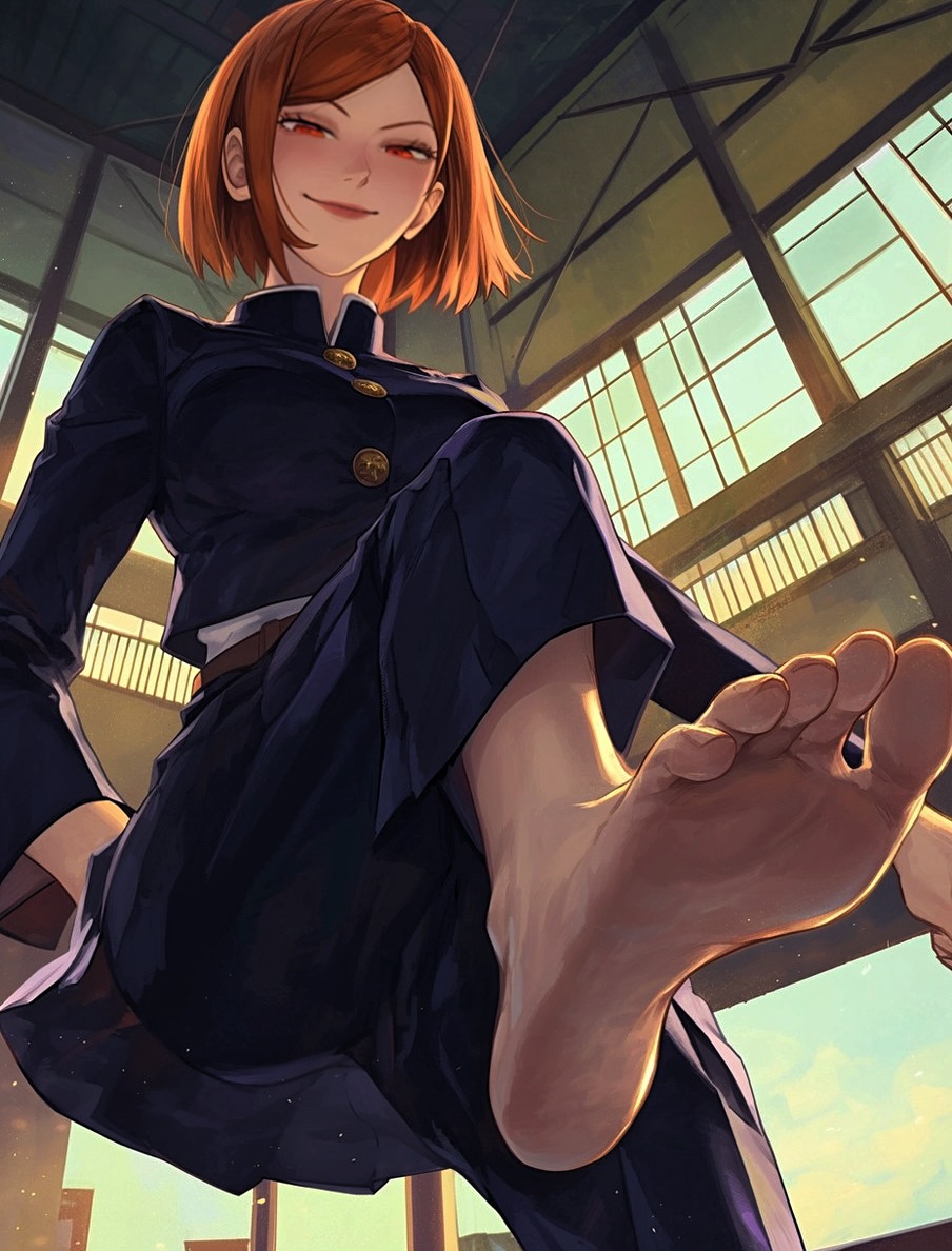 ai_generated devious_smile dominant_female evil_smile feet feet_up femdom foot_fetish foot_focus foot_play foot_worship footjob from_below jujutsu_kaisen kugisaki_nobara looking_down_at_viewer low-angle_view mischievous_smile narrowed_eyes raised_eyebrow sadistic sadistic_girl sadistic_smile school_uniform schoolgirl smiling smiling_at_viewer smirk smirking smirking_at_viewer smug smug_expression smug_face smug_smile soles stepped_on stepping_on_penis