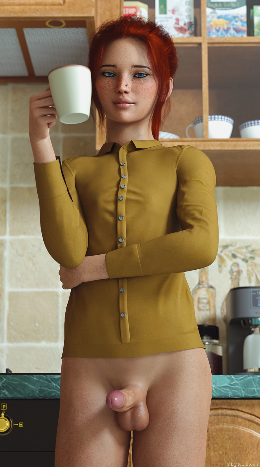 1boy 1femboy 3d 3d_(artwork) 3d_model 3d_render 3dcg 3dx blue_eyes femboy freckles freckles_on_face futanari holding_cup holding_object jessie_(skykliker) looking_at_viewer penis pierced_nose piercing red_hair shirt skykliker smile smiling smiling_at_viewer solo solo_focus trap