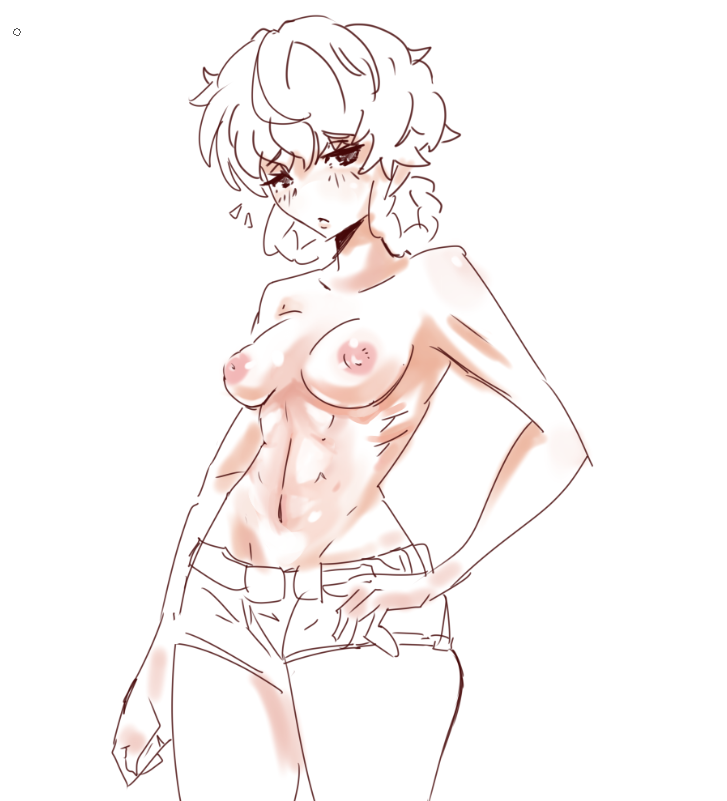 abs amane_suzuha braided_hair colored_sketch embarrassed hand_on_hip jonyeld jorts looking_at_viewer medium_breasts messy_hair muscular muscular_female nipples shorts standing steins;gate tied_hair topless topless_female twin_braids