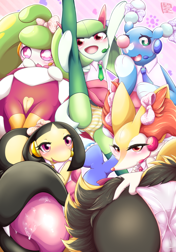 accessory anthro blush bodily_fluids braixen brionne cameltoe clothing earpiece female group hair_accessory hair_ribbon hairbow kirlia looking_at_viewer mawile negoya nintendo open_mouth panties pokemon pokemon_(species) presenting raised_leg ribbons saliva steenee tagme underwear video_games