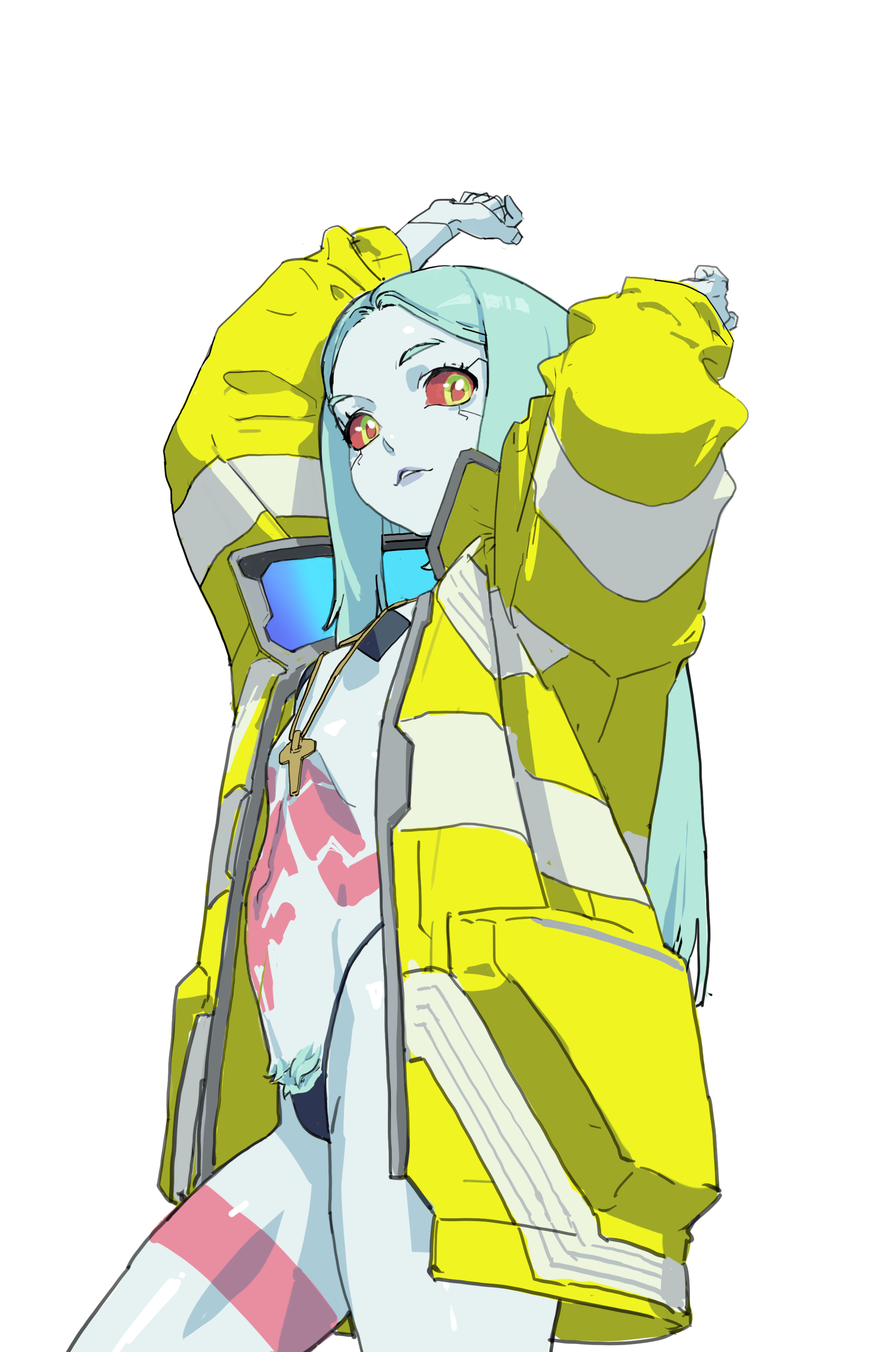 1girls, 2d, aobtd, arms up, athletic, athletic female, breasts, casual, coat, coat only, cyberpunk: edgerunners, female, female focus, female only, flat chest, g-string, human, jacket, light skin, light-skinned female, long hair, navel, outerwear, pale skin, pale-skinned female, petite body, pinup, pinup pose, pubes, pubic hair, pubic hair peek, rebecca (edgerunners), red eyes, ribs, small breasts, solo, standing, tagme, tattoo, tattoos, thighs, turquoise hair