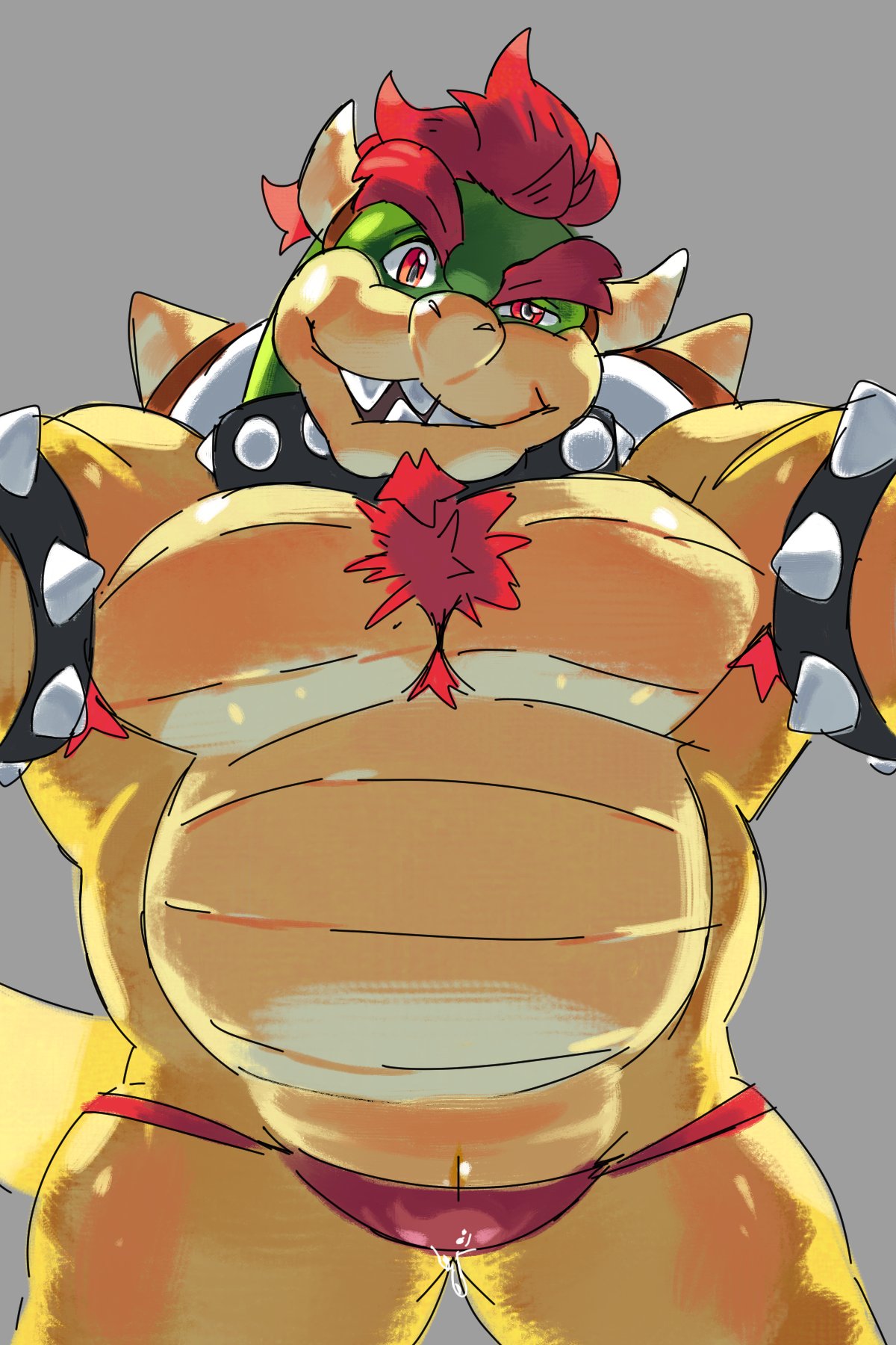 2021 2:3 animal_genitalia anthro armband armpit_hair beard belly big_muscles bodily_fluids body_hair bowser chest_hair clothing collar eyebrows facial_hair front_view genital_fluids genital_slit genitals grey_background hair hi_res horn ineffective_clothing koopa looking_at_viewer male male_only mario_(series) musclegut muscular muscular_anthro muscular_male nintendo pecs raised_eyebrow scalie seductive shell simple_background slit smile smirk solo solo_male spiked_armband spiked_collar spiked_shell spikes spikes_(anatomy) standing teeth thong tight_clothing underwear vestforlast video_games wet wet_clothing wet_thong wet_underwear