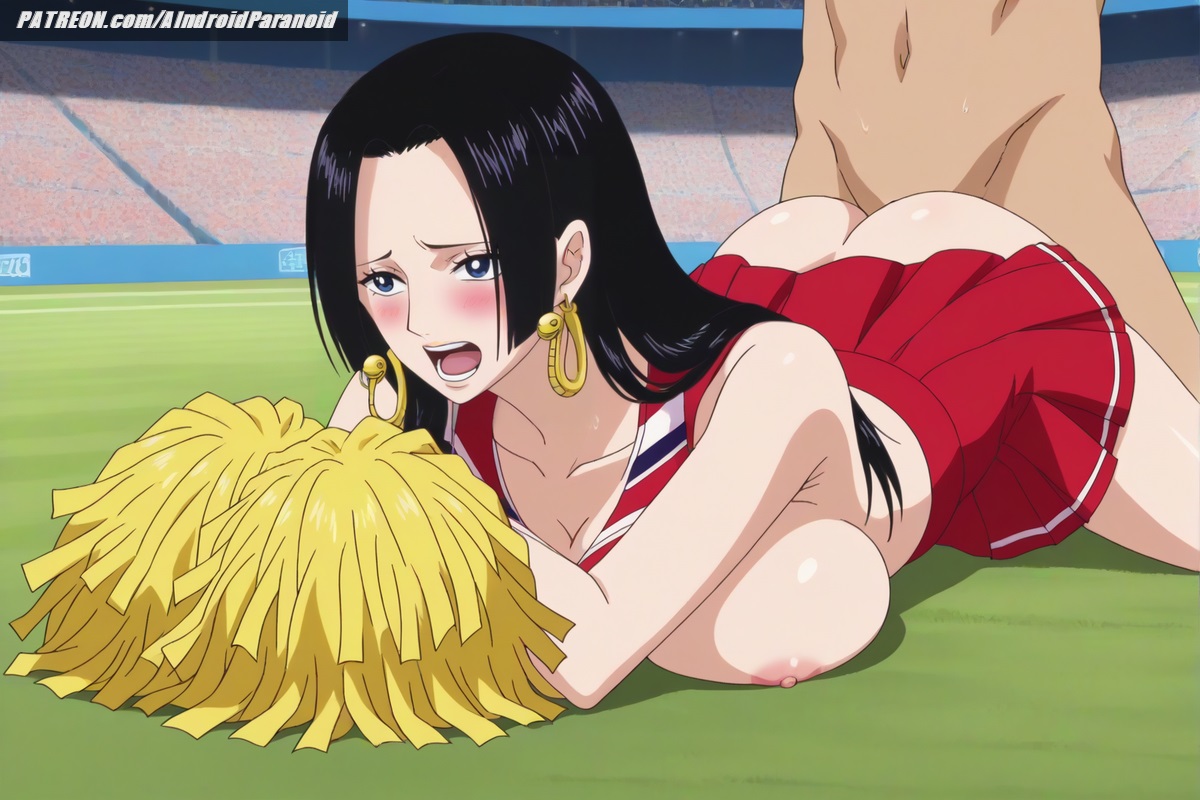 1boy, 1girls, ai generated, aindroidparanoid, ass, ass focus, big ass, big breasts, big butt, black eyes, black hair, black-haired female, blush, boa hancock, bouncing breasts, breasts, breasts out, busty, cheerleader, cleavage, cock, cum, fat ass, female, female focus, huge ass, huge breasts, huge cock, large ass, large breasts, large penis, long hair, lying, male, massive breasts, midriff, narrow waist, navel, nipples, nude, on stomach, one eye closed, one piece, outdoors, penetration, penis, pom poms, sex, shirt, skirt, slim waist, stable diffusion, stadium, straight hair, taller female, tits out, topless