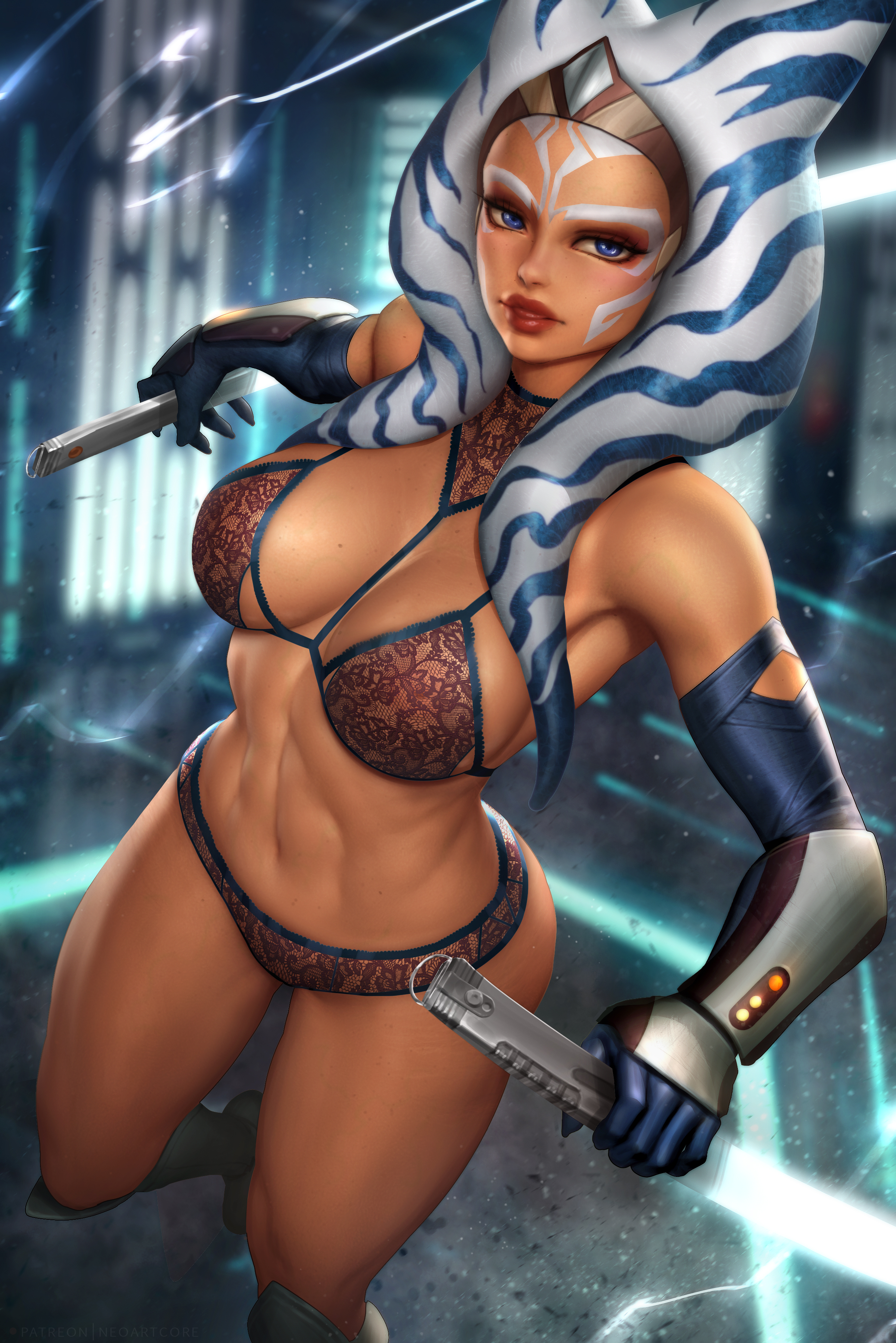 1girls, absurd res, ahsoka tano, alien, alien girl, athletic, athletic female, bra, breasts, female, female only, hi res, large breasts, lightsaber, lingerie, lucasfilm, navel, neoartcore, orange skin, paid reward, panties, patreon reward, solo, star wars, star wars rebels, sword, text, togruta, weapon