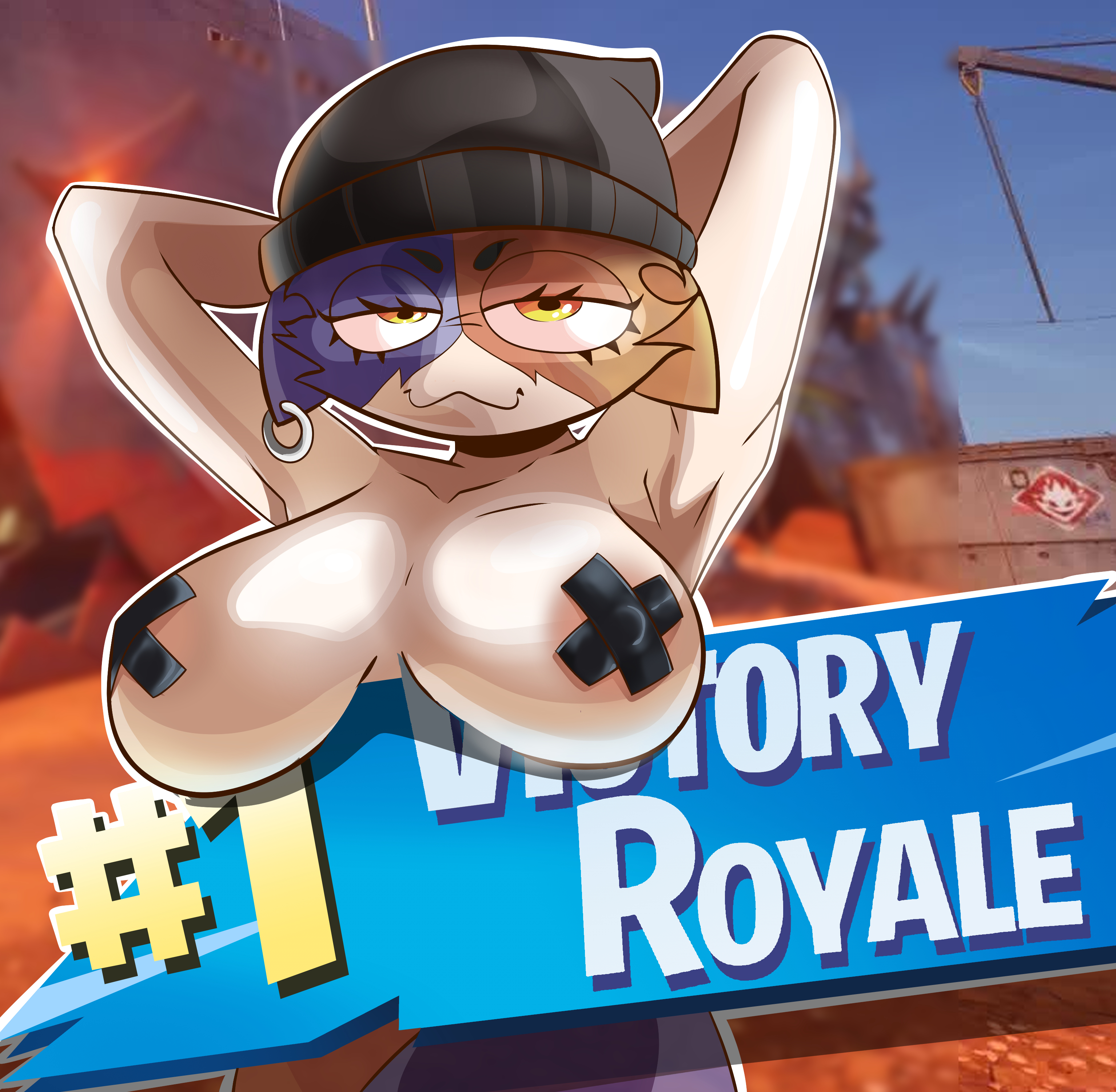 :3, armpits, blurry background, breast focus, breasts, breasts out, cat ears, cat girl, catgirl, covered nipples, earring, earrings, english text, female, female only, fortnite, fortnite: battle royale, furry, furry only, hands behind head, hat, majimagaming1, meow skulls (fortnite), multicolored body, nipple bulge, nipple tape, outline, solo, suggestive look, victory pose, victory royale, yellow eyes